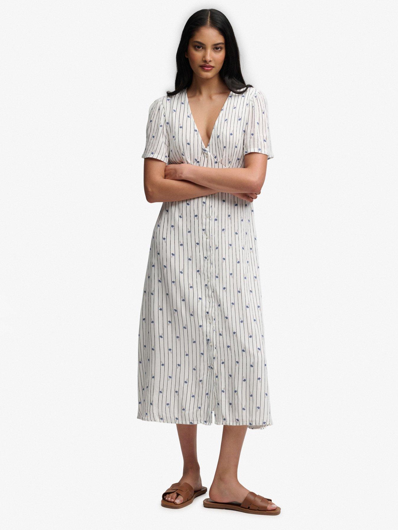  image of superdry-print-button-short-sleeve-midi-tea-dress-white