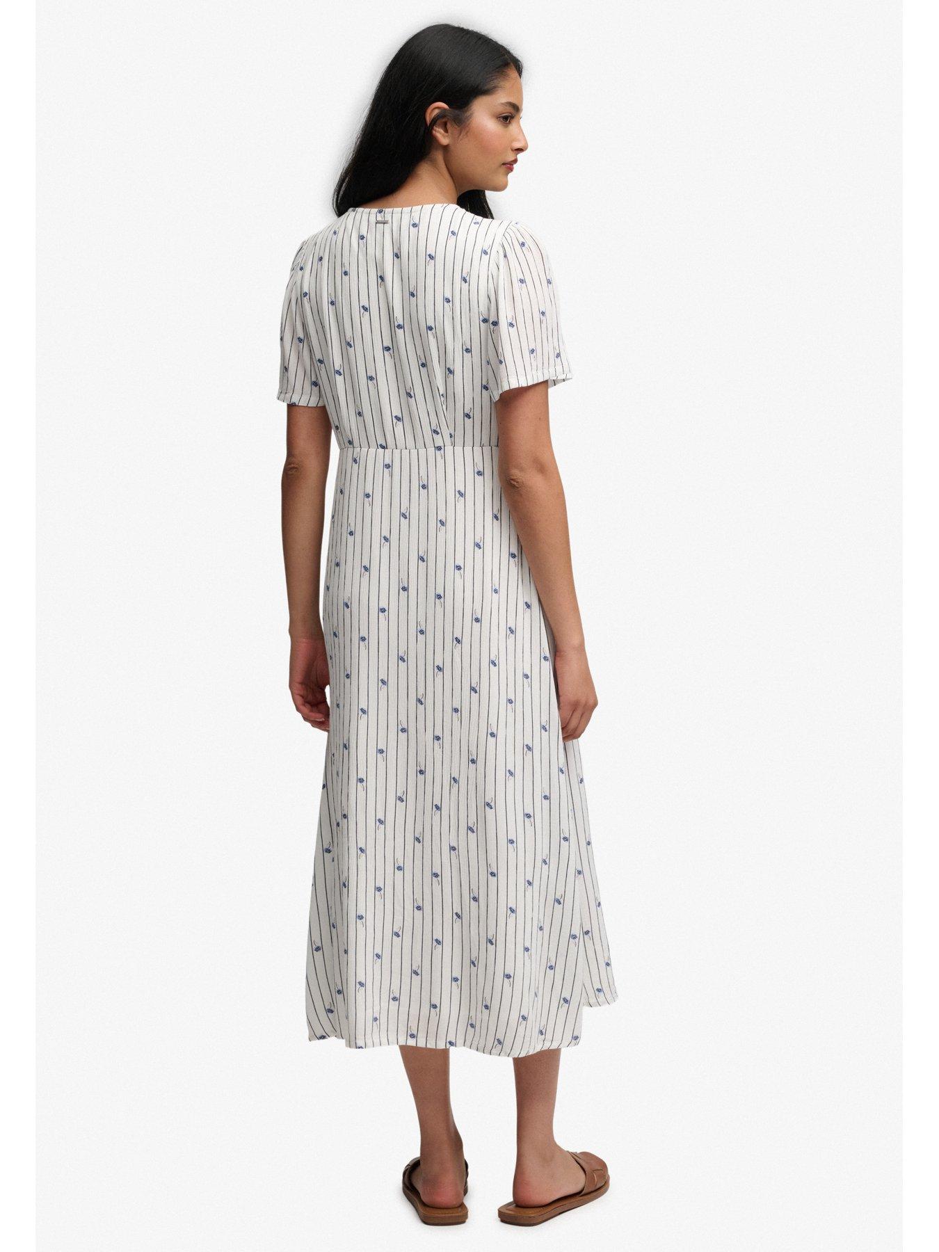  image of superdry-print-button-short-sleeve-midi-tea-dress-white