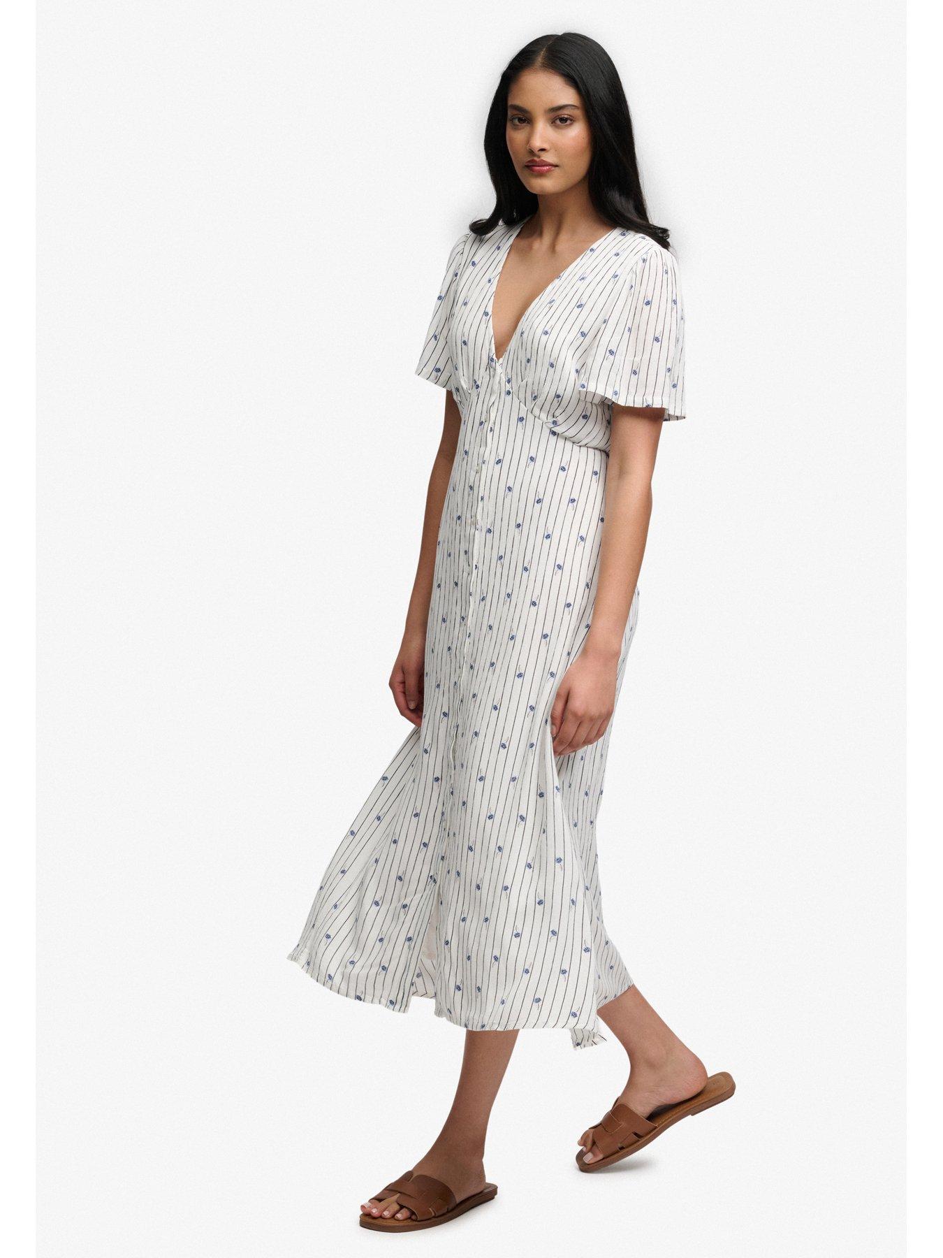  image of superdry-print-button-short-sleeve-midi-tea-dress-white