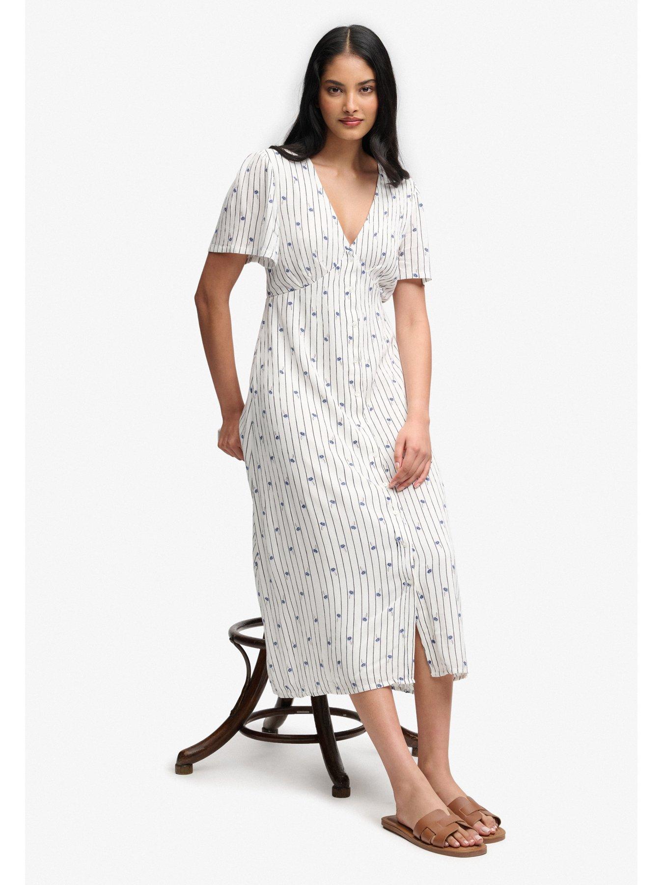  image of superdry-print-button-short-sleeve-midi-tea-dress-white