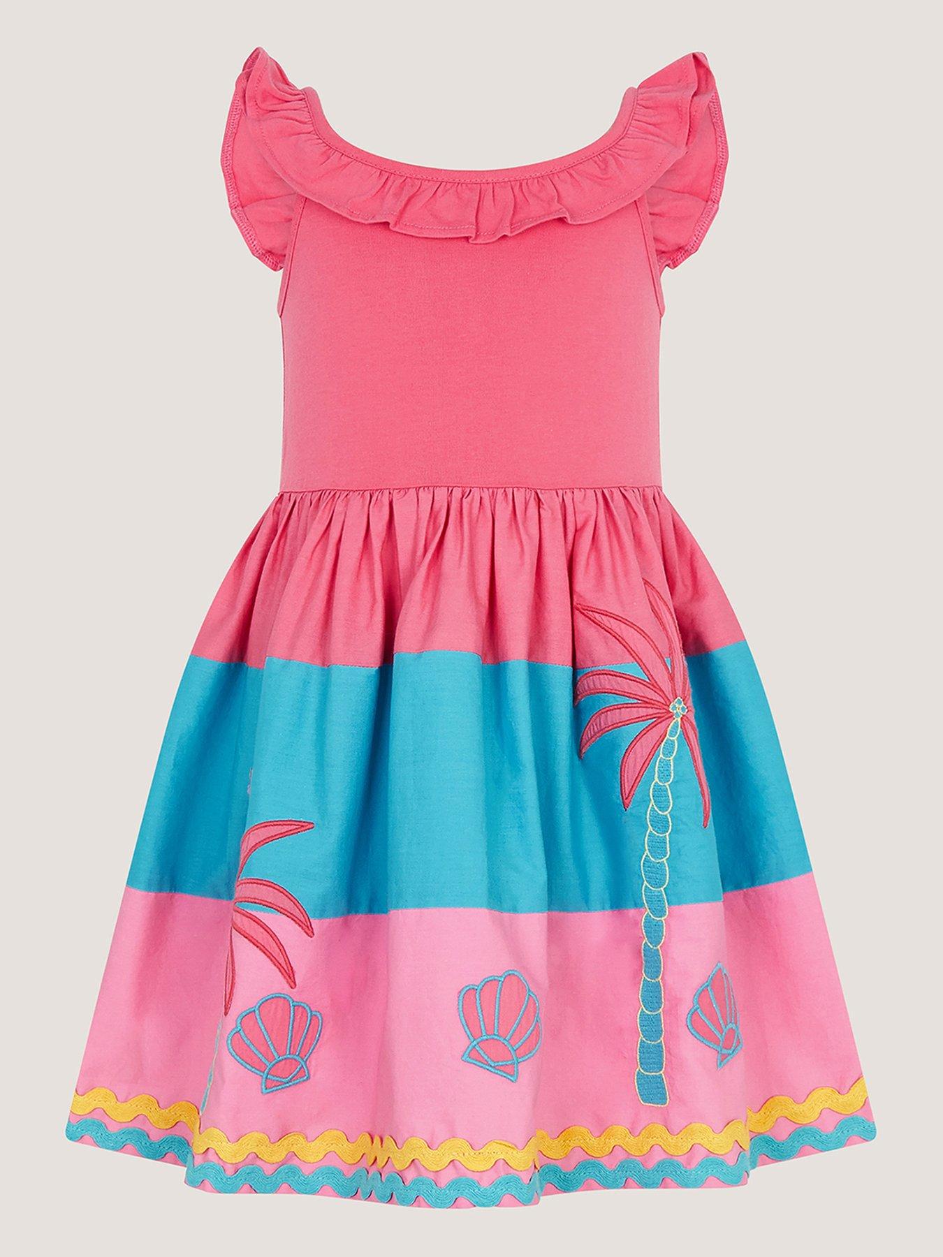 Monsoon Girls Colorblock Shell Applique Dress - Pink | Littlewoods