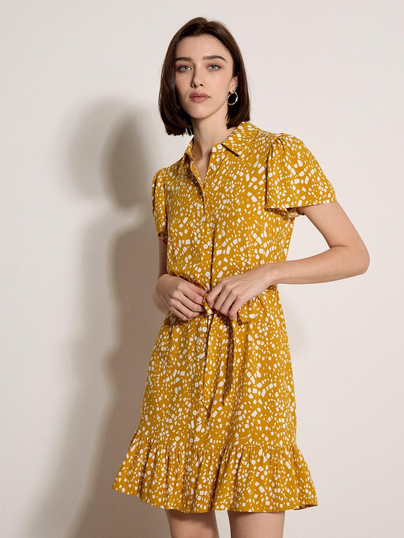 Apricot Mini Scattered Squares In Shirt Dress With Tier - Yellow