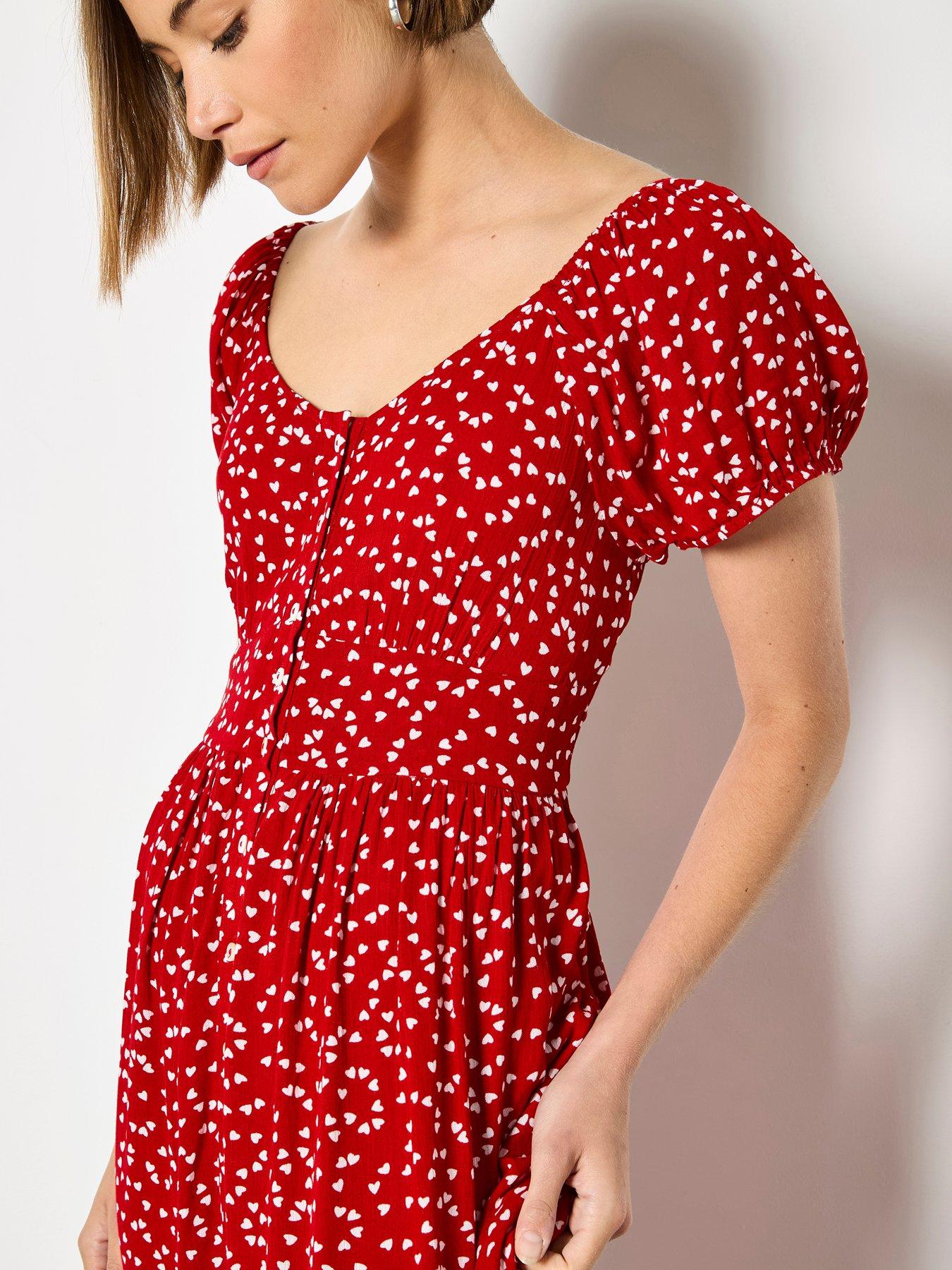 Image 3 of 4 of Apricot Mini Heart Button Through Midi Dress - Red