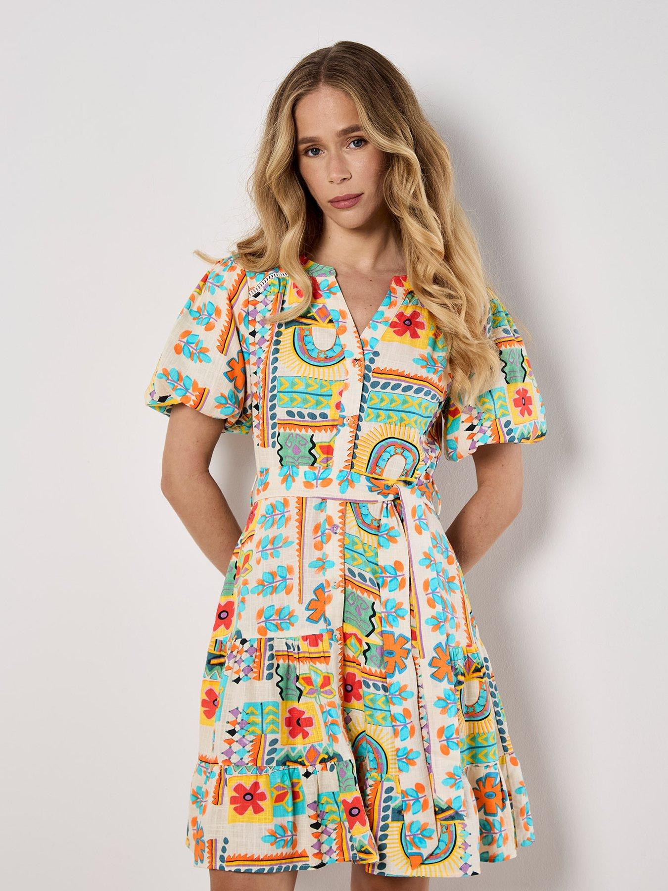 Apricot Tropical Animation Puff Sleeve Dress - Black