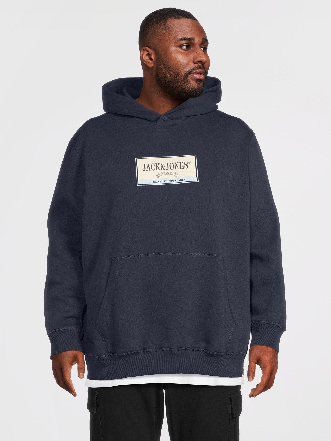Jack & Jones Men's Plus Size Graphic Hoodie with Kangaroo Pocket - Sky Captain