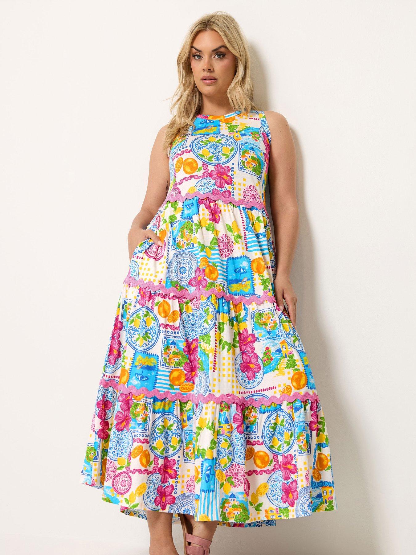 Yours Curve Printed Contrast Trim Dress - White
