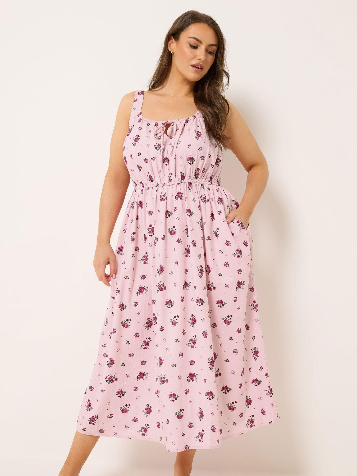 Yours Curve Floral Print Linen Milkmaid Dress - Pink