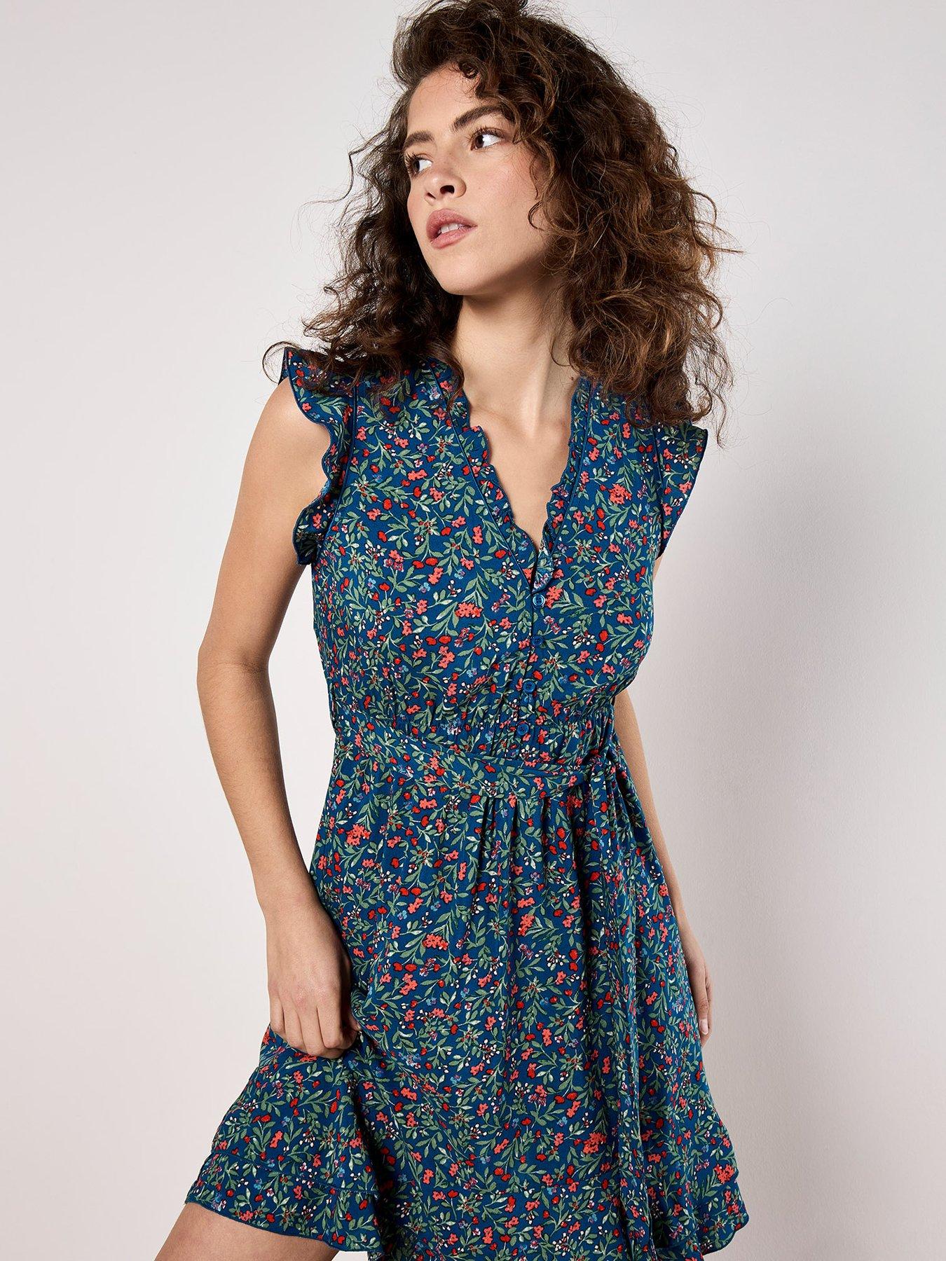 Apricot Flower Forest Ruffle Ditsy Dress - Blue