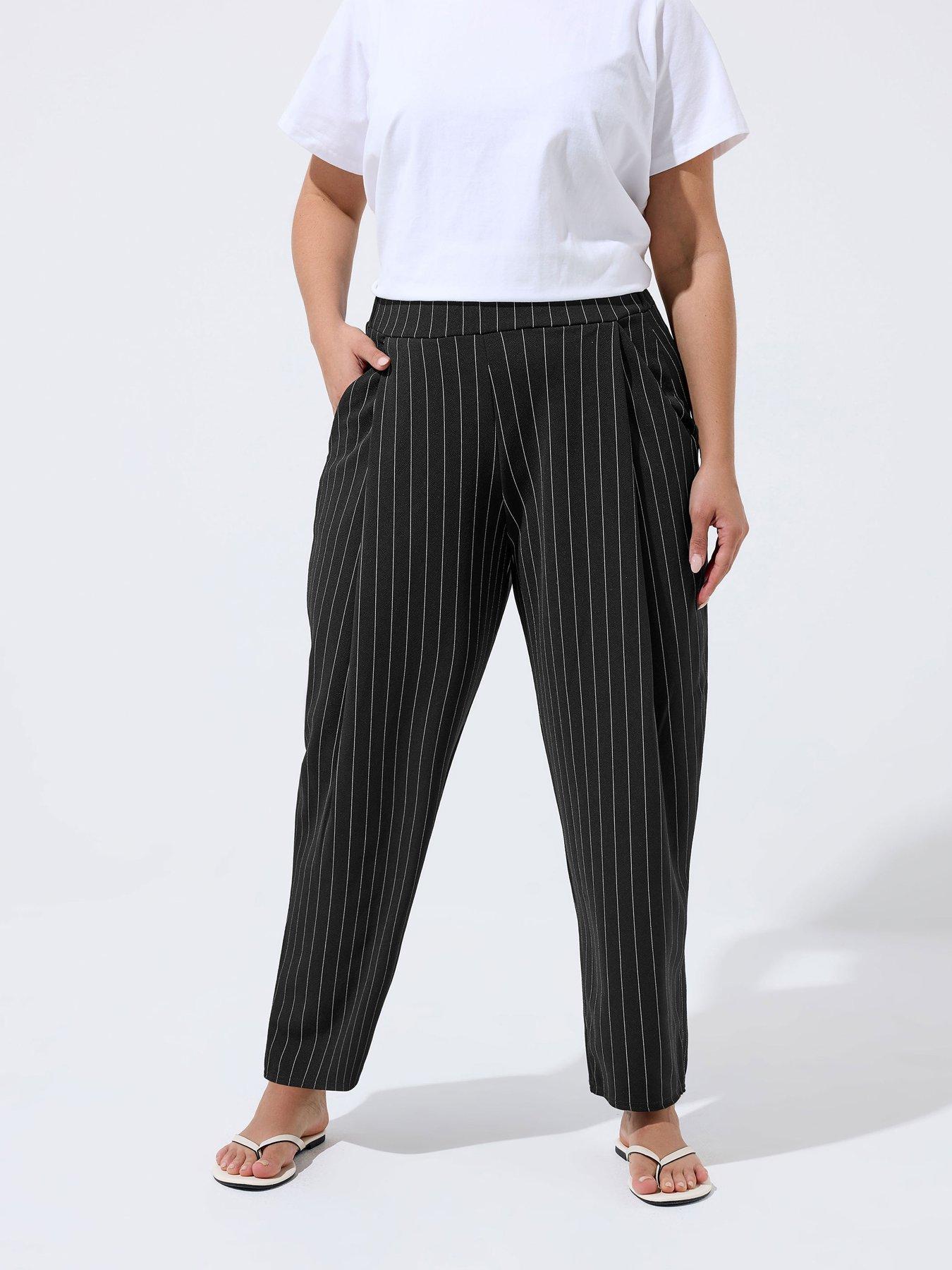 front image of yours-curve-pinstripe-barrel-trousers