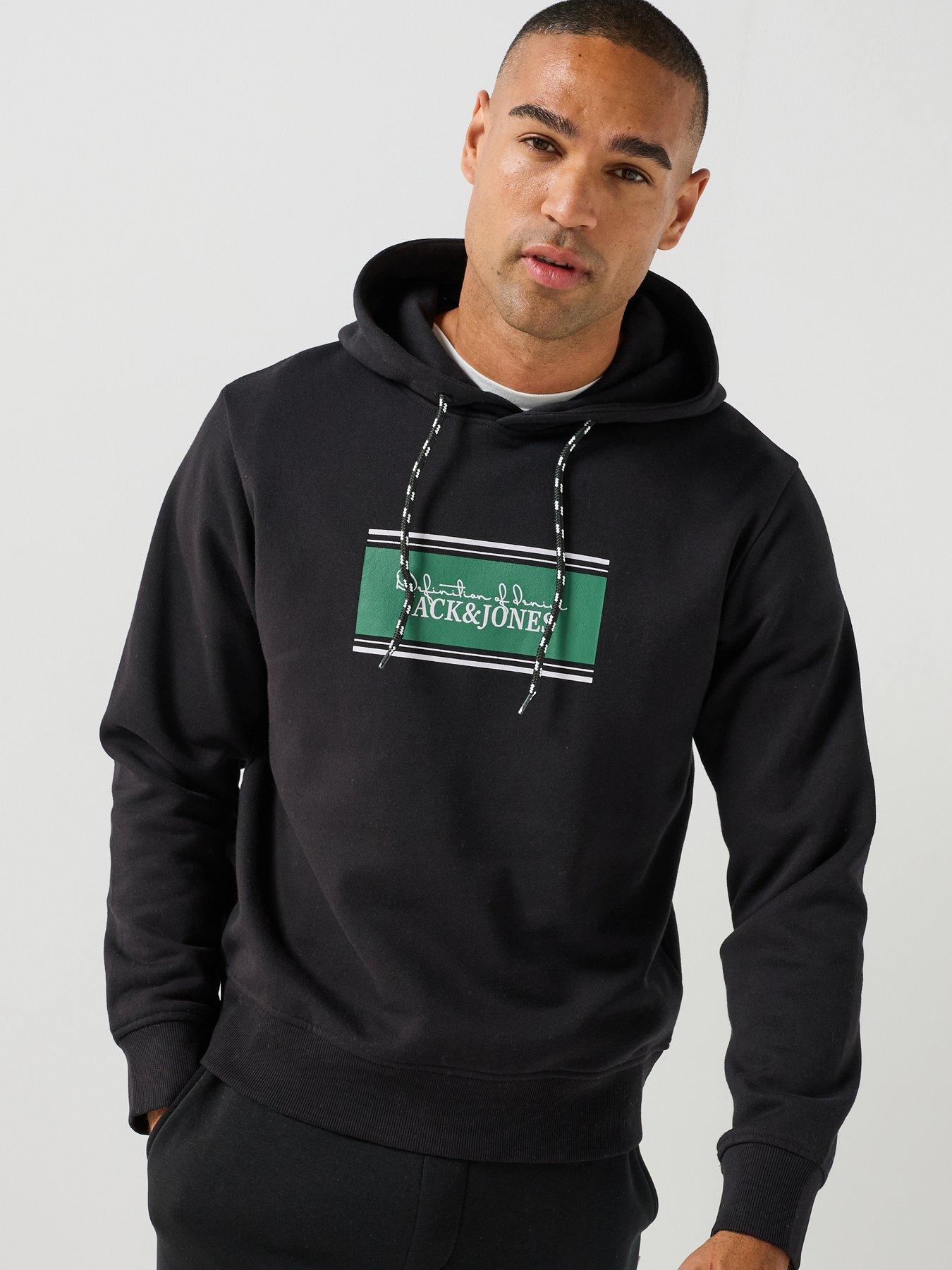 Jack & Jones Men's Graphic Hoodie with Kangaroo Pocket - Black