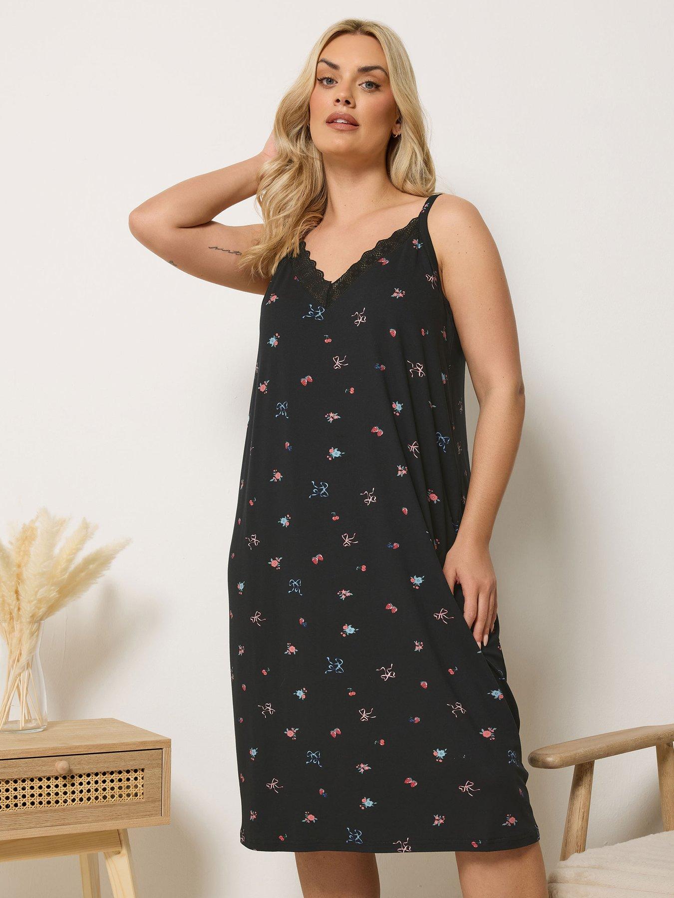 Image 1 of 5 of Yours Curve Soft Touch Fruit Print Lace Chemise - Black