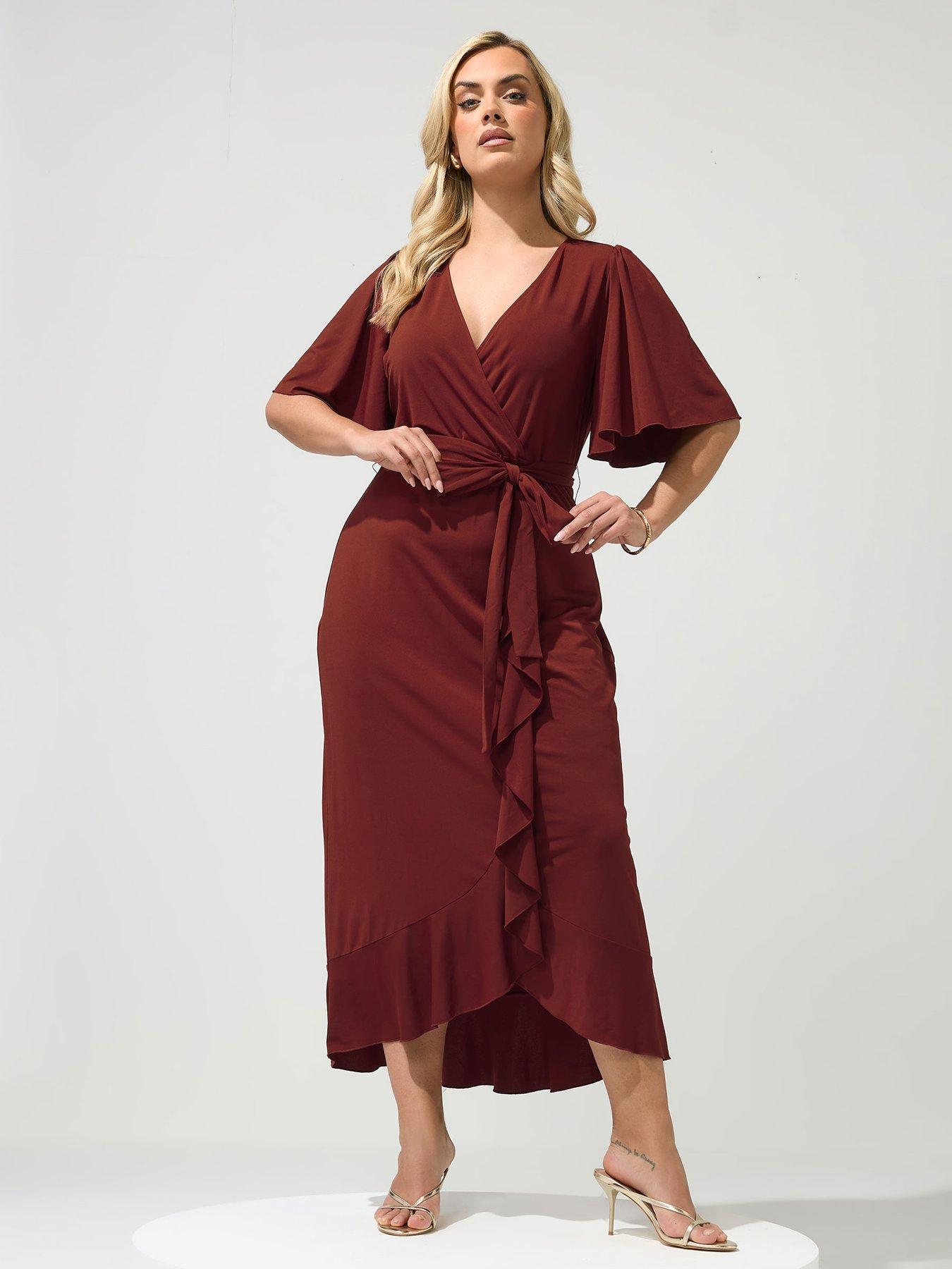 Image 1 of 4 of Yours Curve Ruffle Hem Wrap Dress - Burgundy