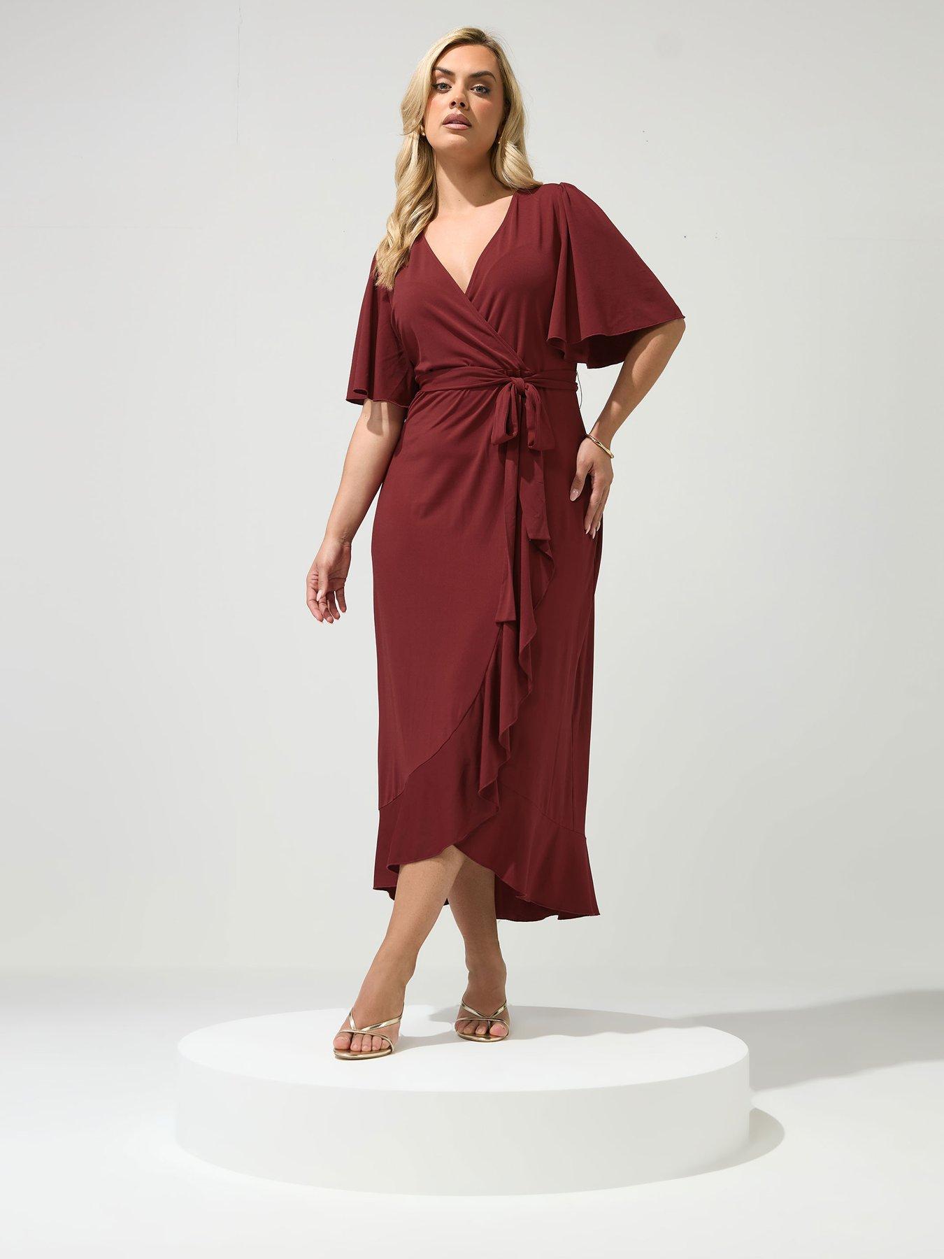 Image 3 of 4 of Yours Curve Ruffle Hem Wrap Dress - Burgundy