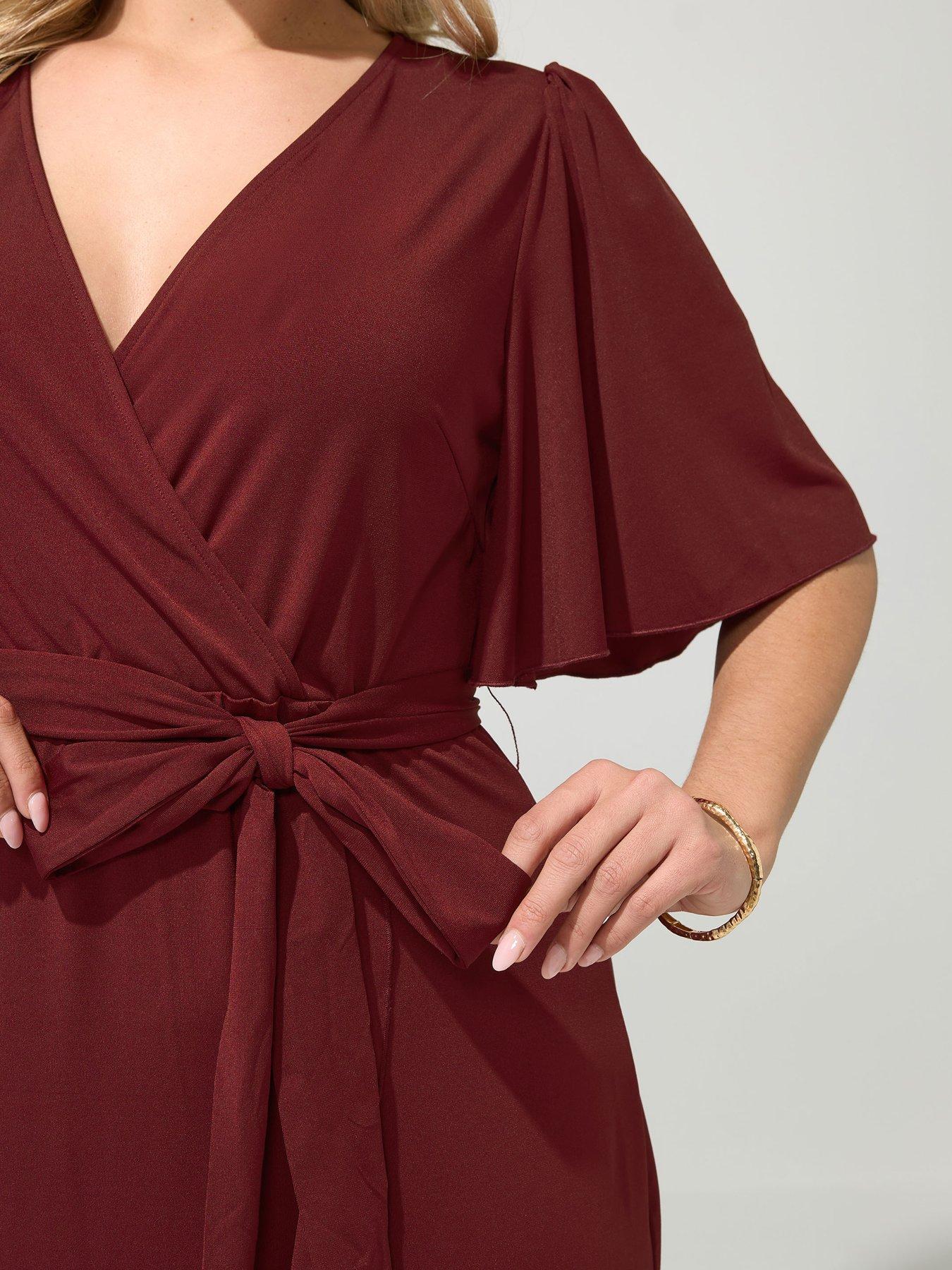 Image 4 of 4 of Yours Curve Ruffle Hem Wrap Dress - Burgundy