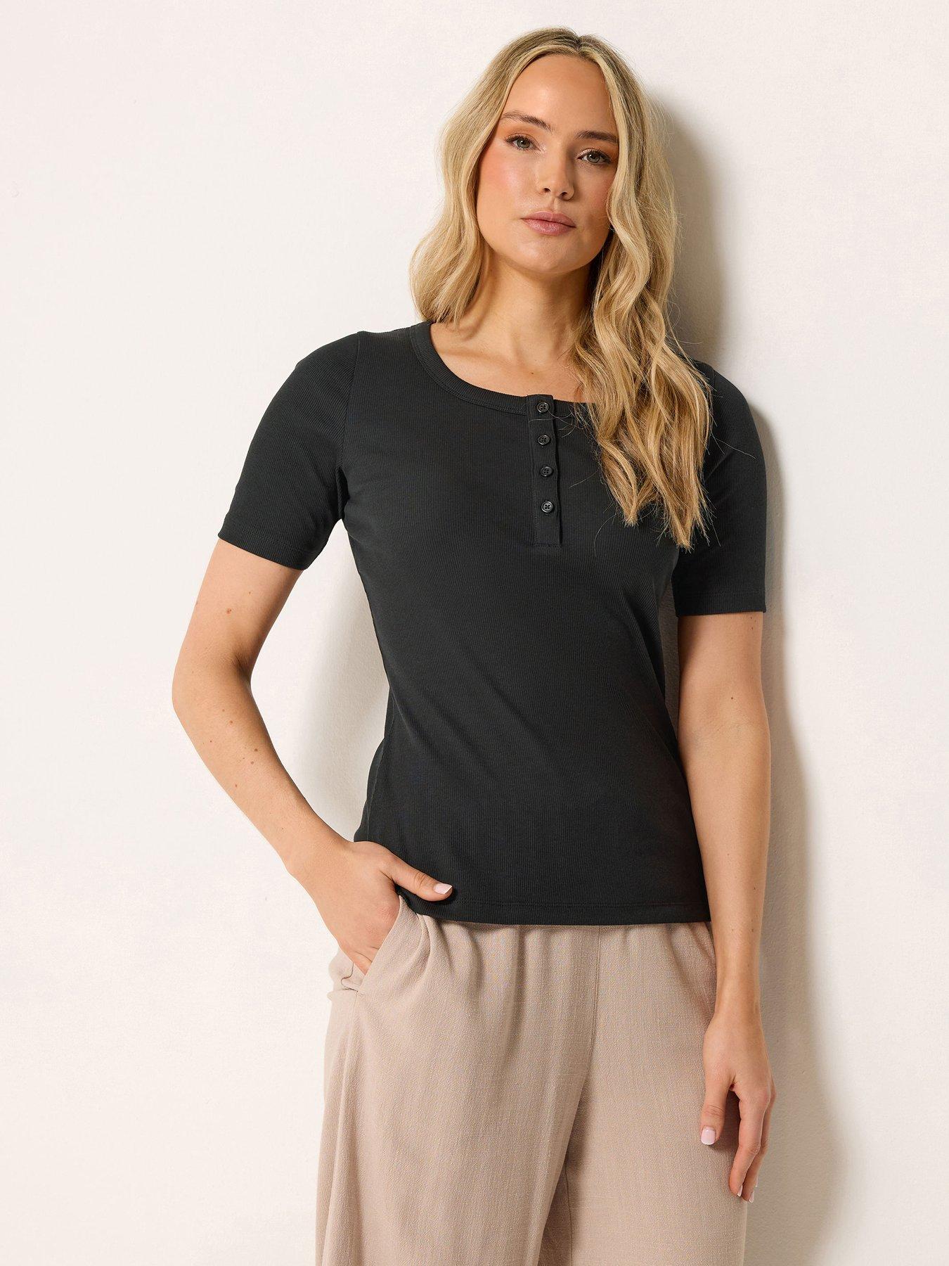 Long Tall Sally Scoop Neck Button T-Shirt - Black