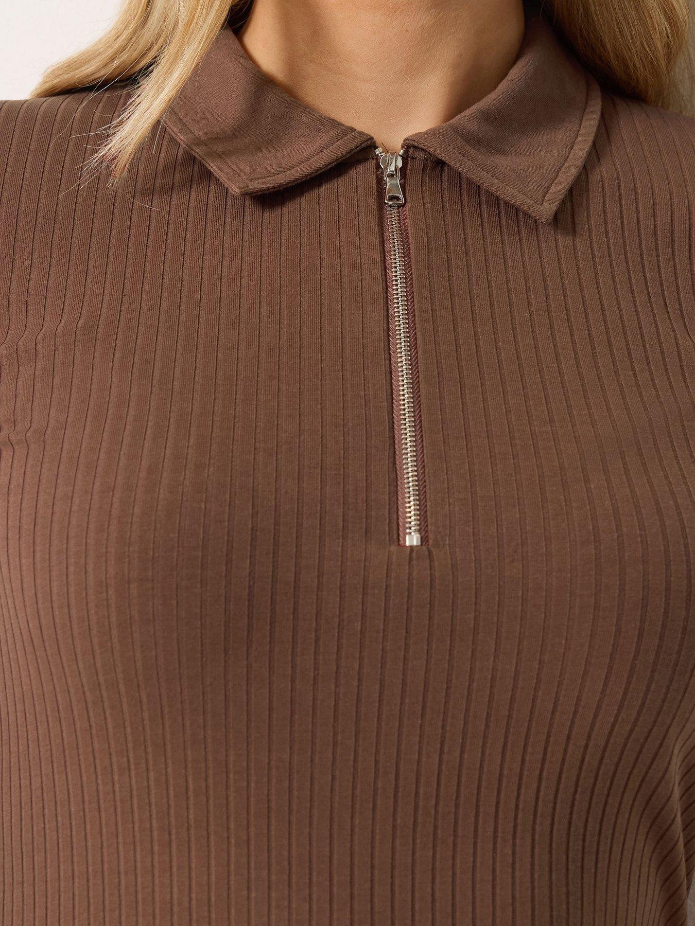 Image 4 of 4 of Long Tall Sally Zip Neck Rib T-Shirt - Brown
