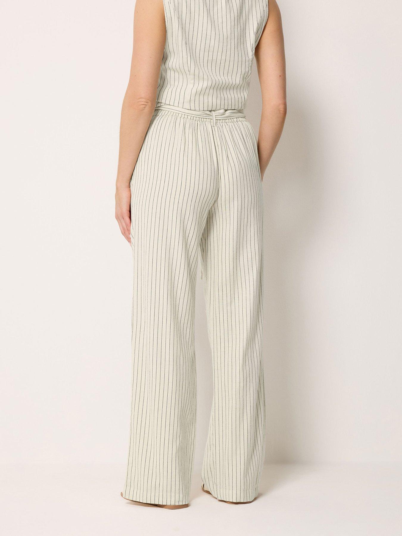 Image 2 of 4 of Long Tall Sally Pinstripe Linen Wide Leg Trousers 36" - White