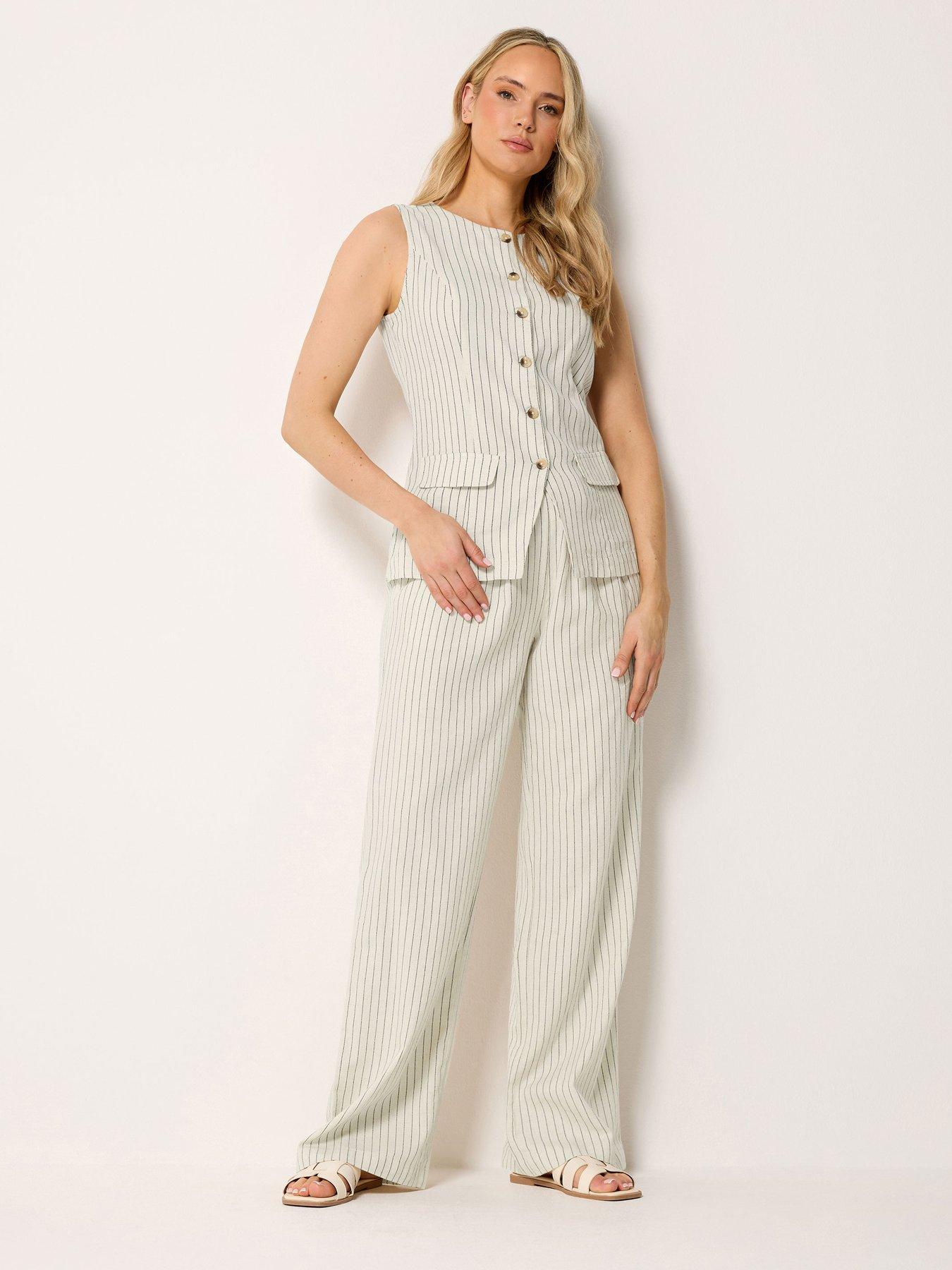 Image 3 of 4 of Long Tall Sally Pinstripe Linen Wide Leg Trousers 36" - White
