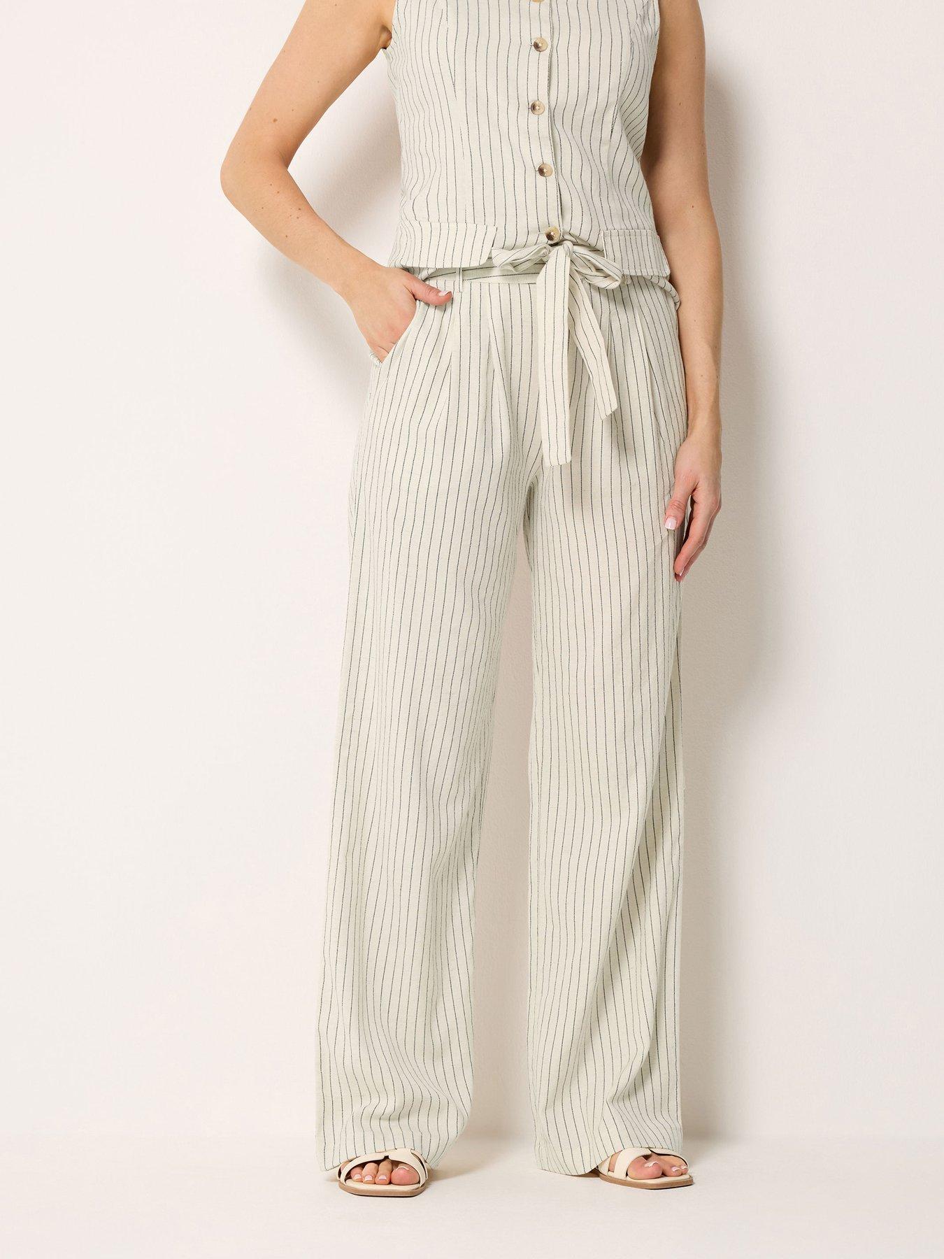 Image 4 of 4 of Long Tall Sally Pinstripe Linen Wide Leg Trousers 36" - White