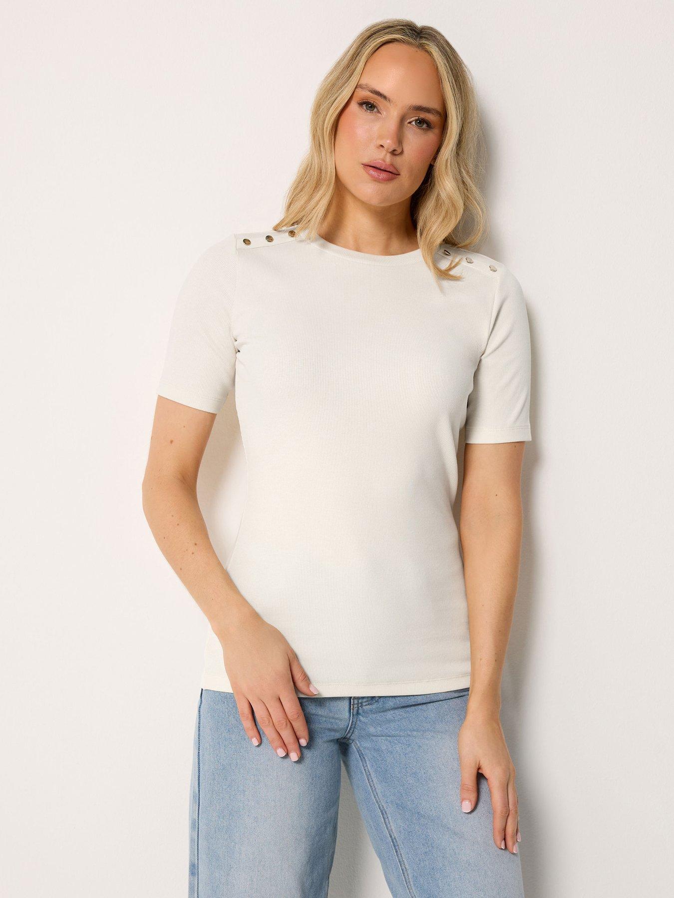 Image 1 of 5 of Long Tall Sally Rib Button Short Sleeve T-Shirt - Cream