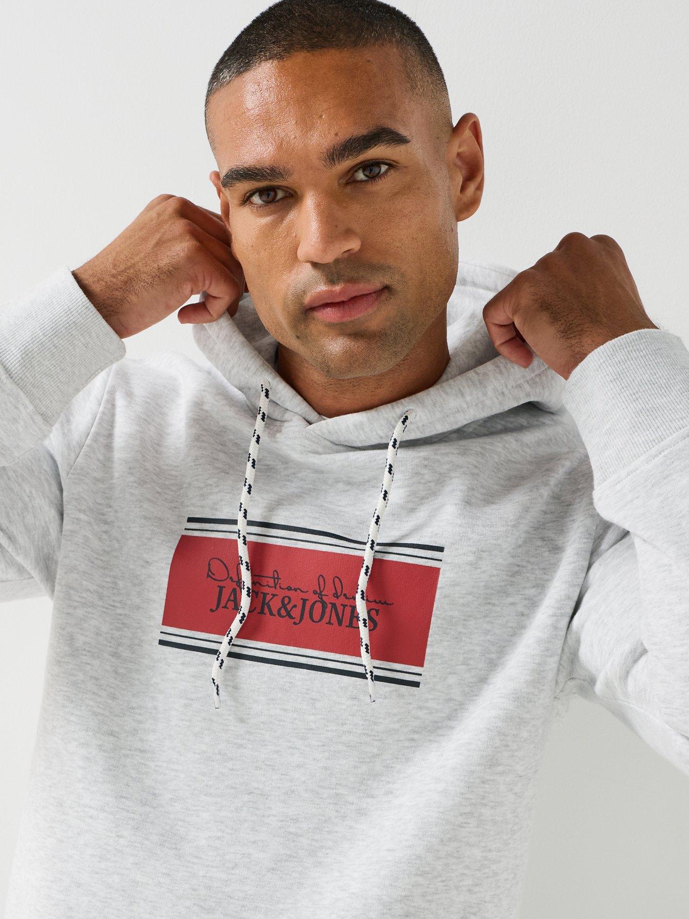 Image 4 of 6 of Jack & Jones Men's Graphic Hoodie with Kangaroo Pocket - White Melange