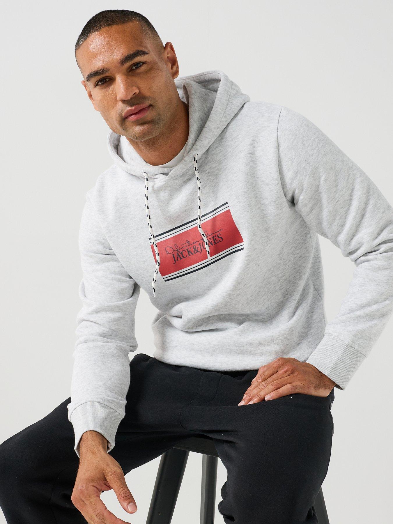 Image 6 of 6 of Jack & Jones Men's Graphic Hoodie with Kangaroo Pocket - White Melange