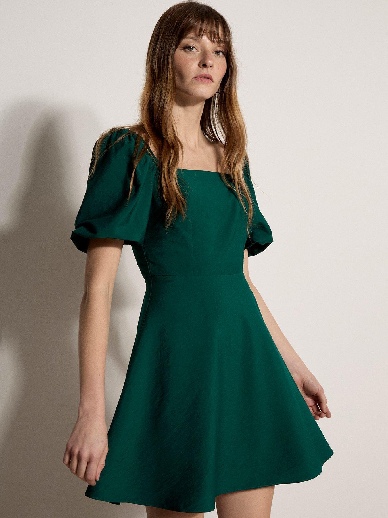 Apricot Fit Flare Volume Sleeve Mini Dress - Green