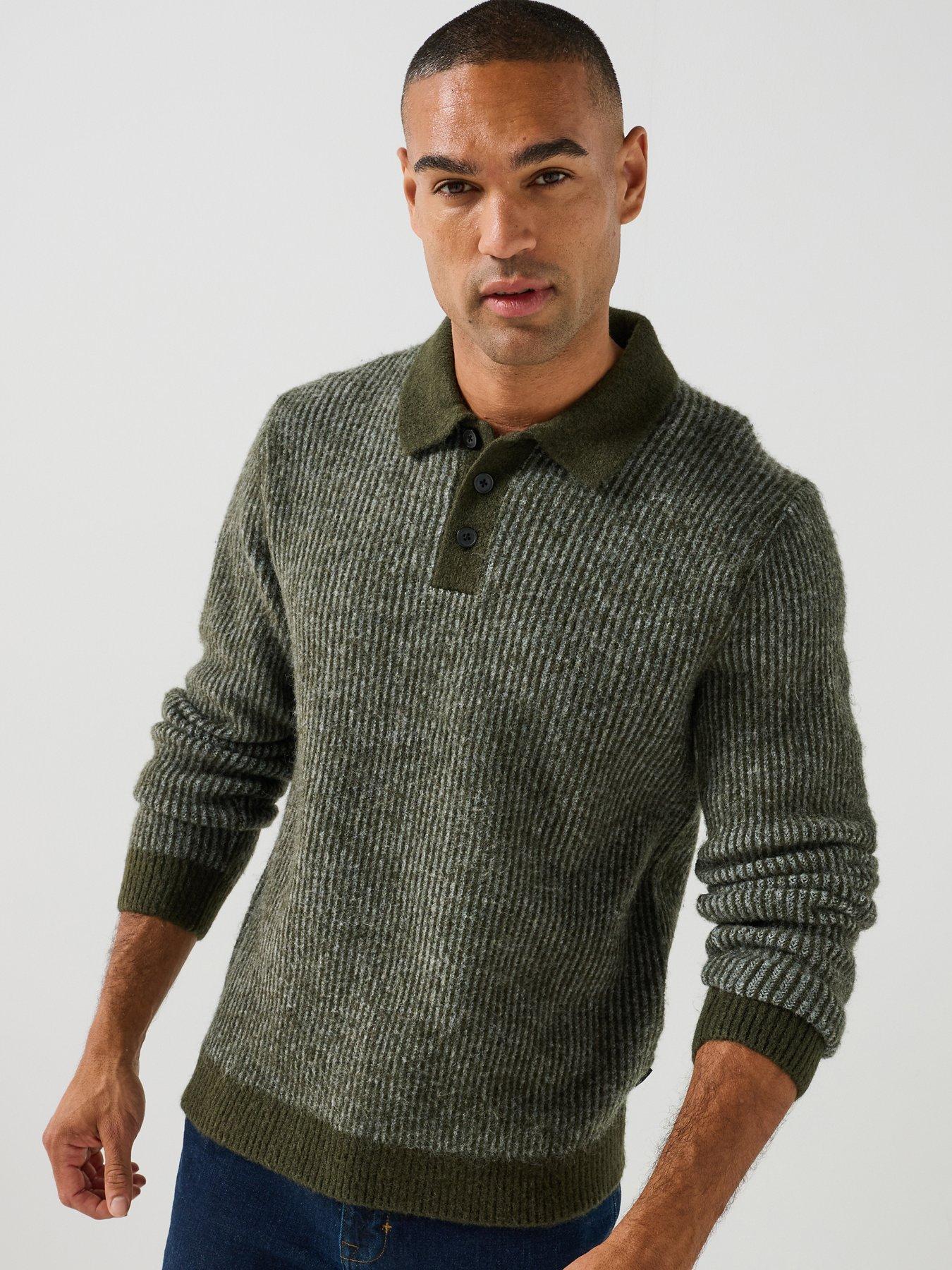 Image 1 of 6 of Jack & Jones Mens Regular Fit Ribbed Knit Long Sleeve Polo Shirt - Medium Grey Melange