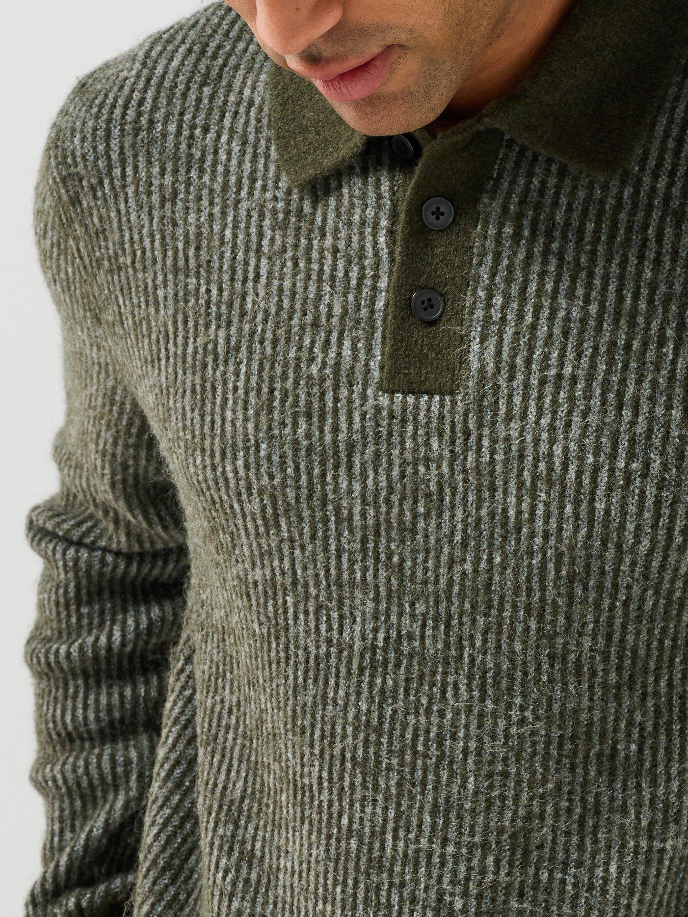 Image 4 of 6 of Jack & Jones Mens Regular Fit Ribbed Knit Long Sleeve Polo Shirt - Medium Grey Melange