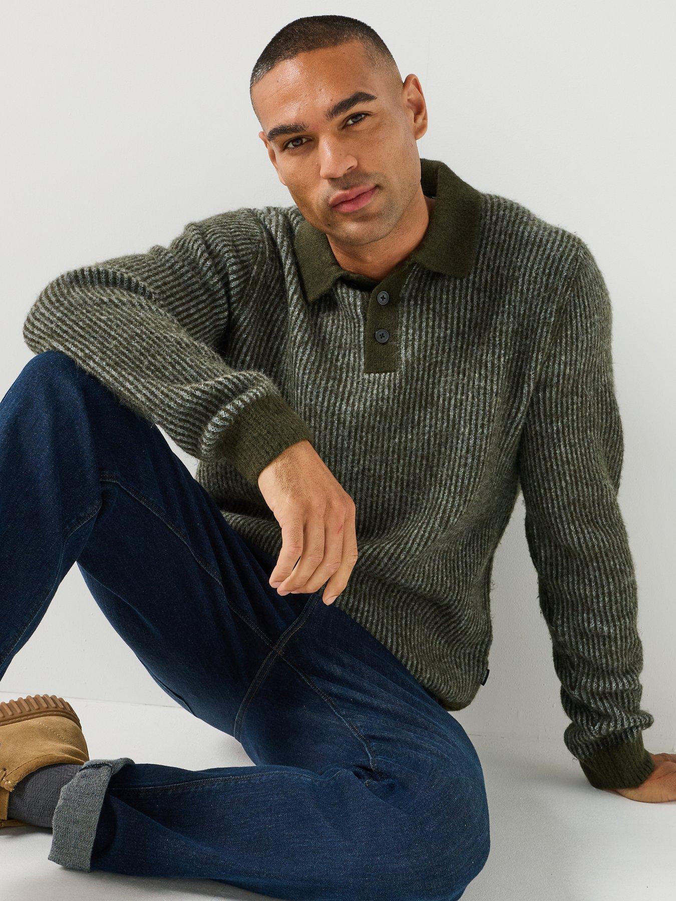 Image 6 of 6 of Jack & Jones Mens Regular Fit Ribbed Knit Long Sleeve Polo Shirt - Medium Grey Melange
