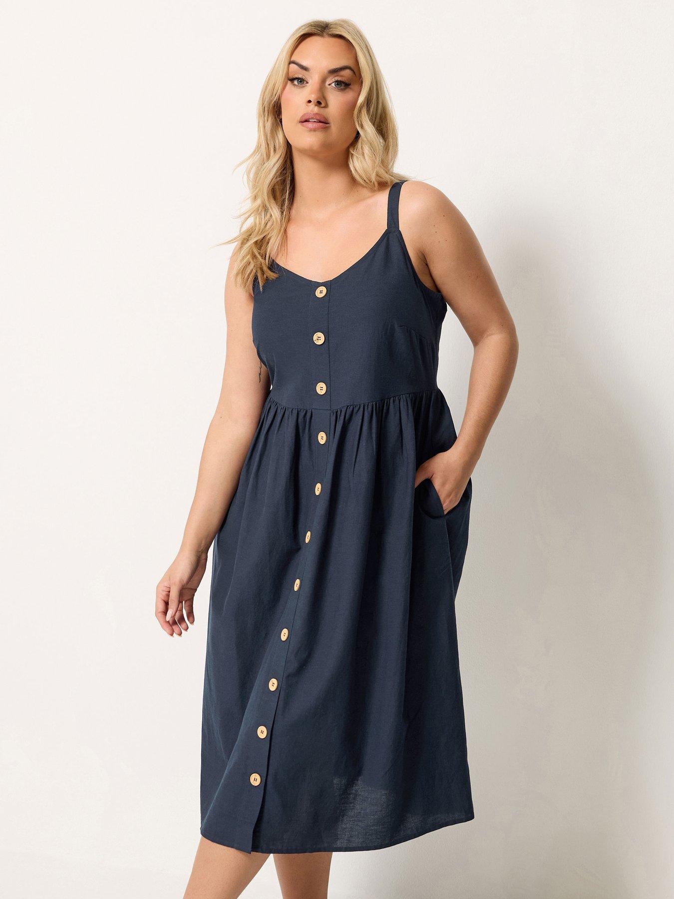Yours Curve Linen Button Sundress - Blue