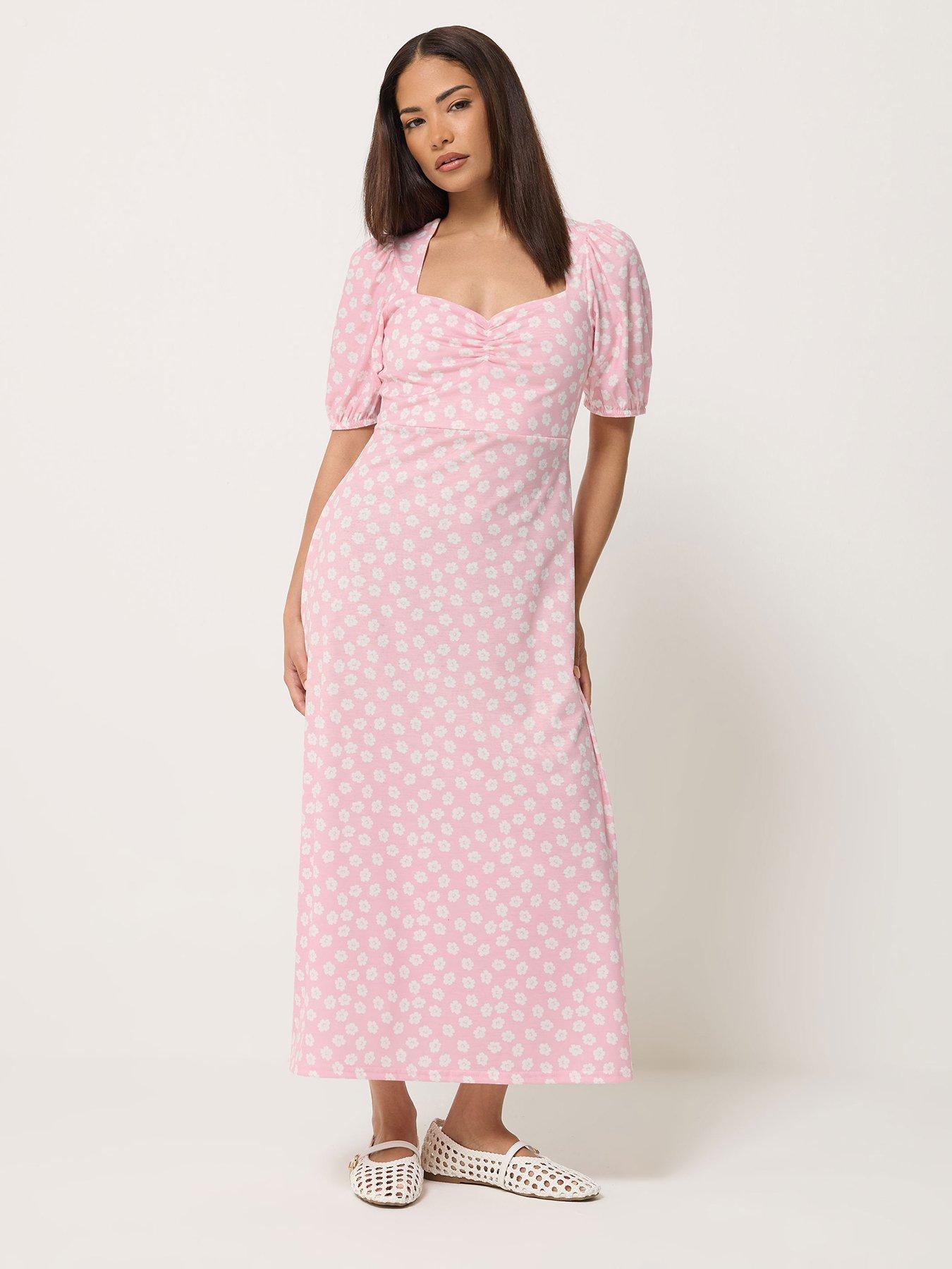 Image 1 of 5 of PixieGirl Petite Daisy Print Bust Midi Dress - Pink