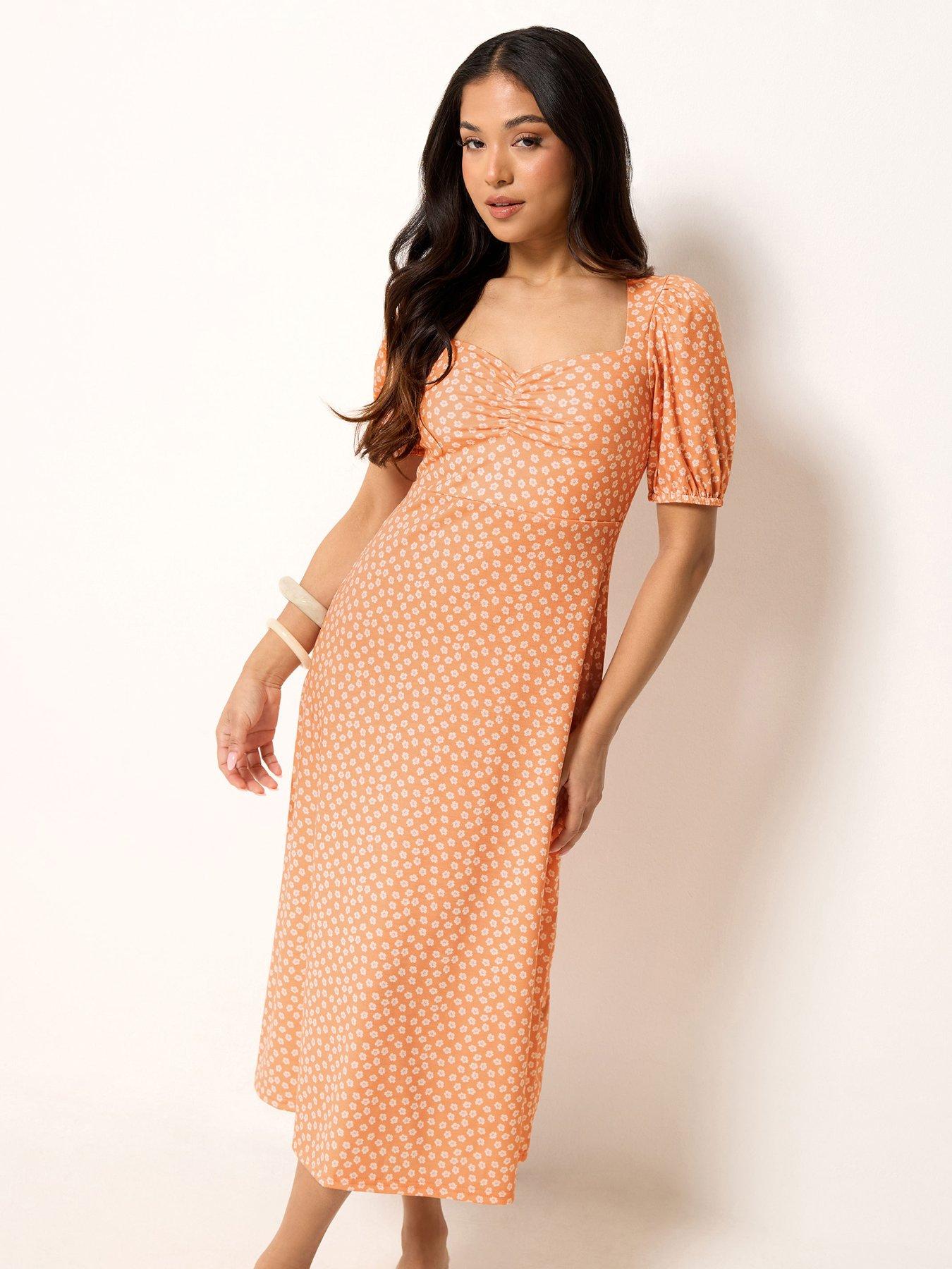 PixieGirl Petite Daisy Print Bust Midi Dress - Orange