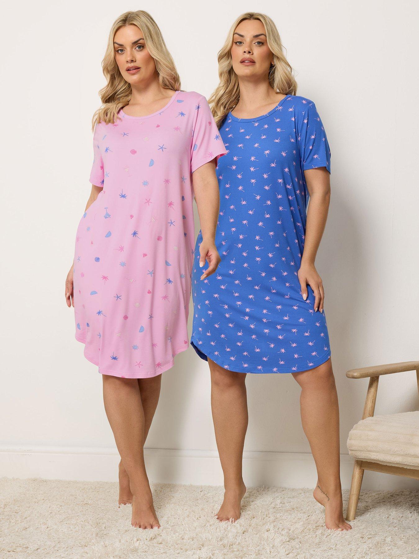 Yours Curve 2 Pack Soft Touch Palm Prinr Dipped Back Nightdress