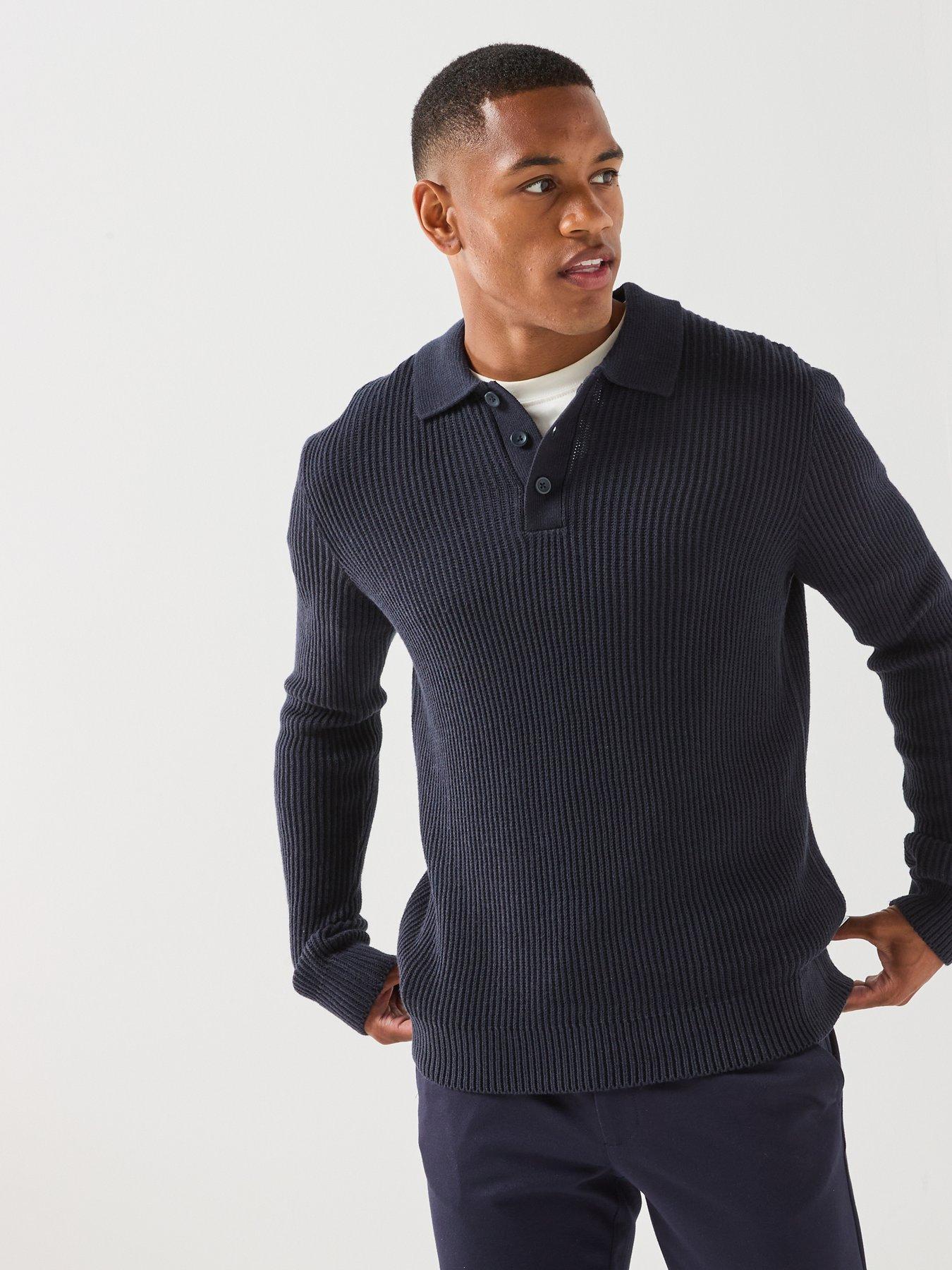 Jack & Jones Knitted Long Sleeve Polo Shirt - Navy