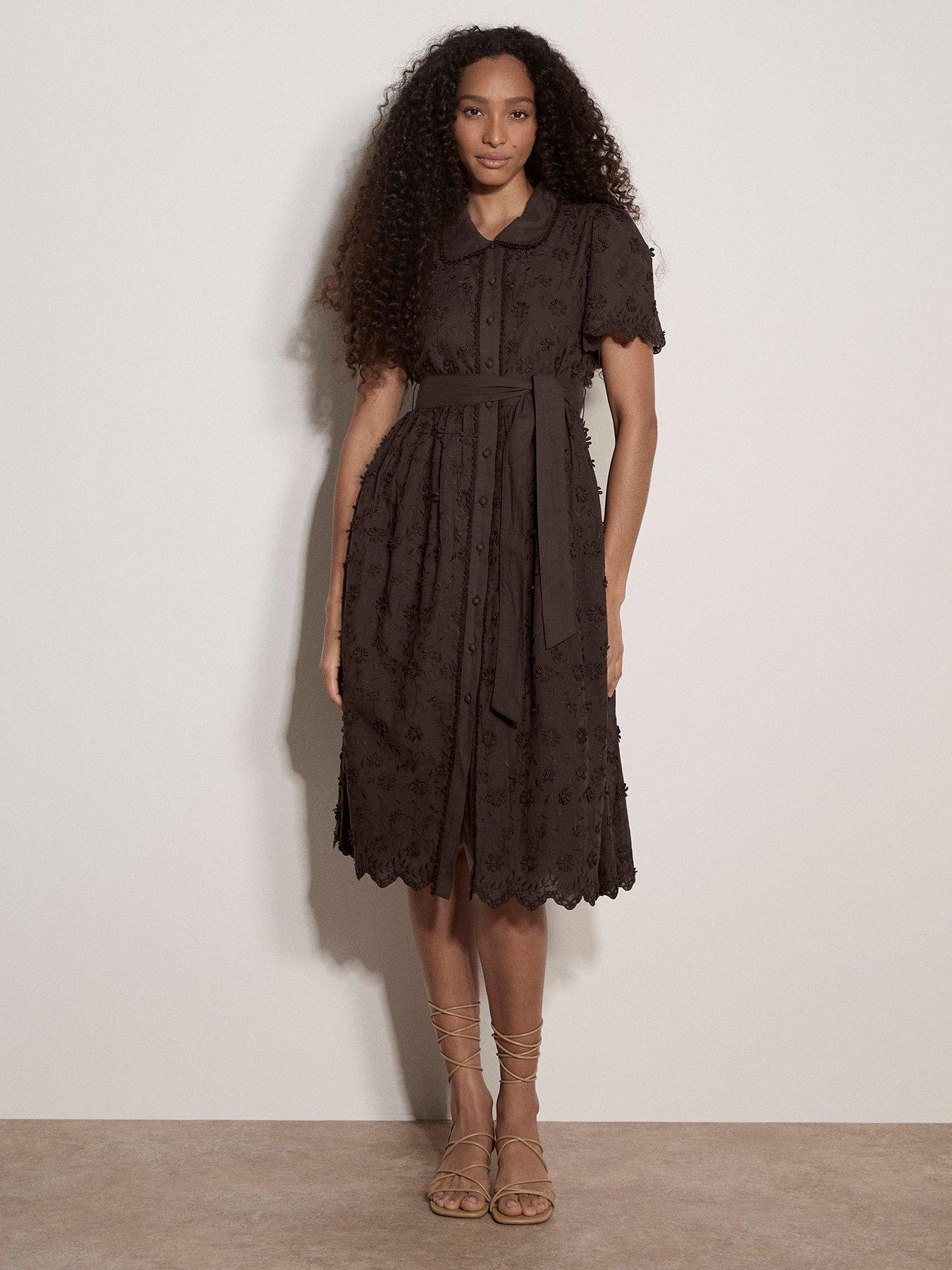 Apricot 3-d Embroidered Cotton Collar Midi Dress