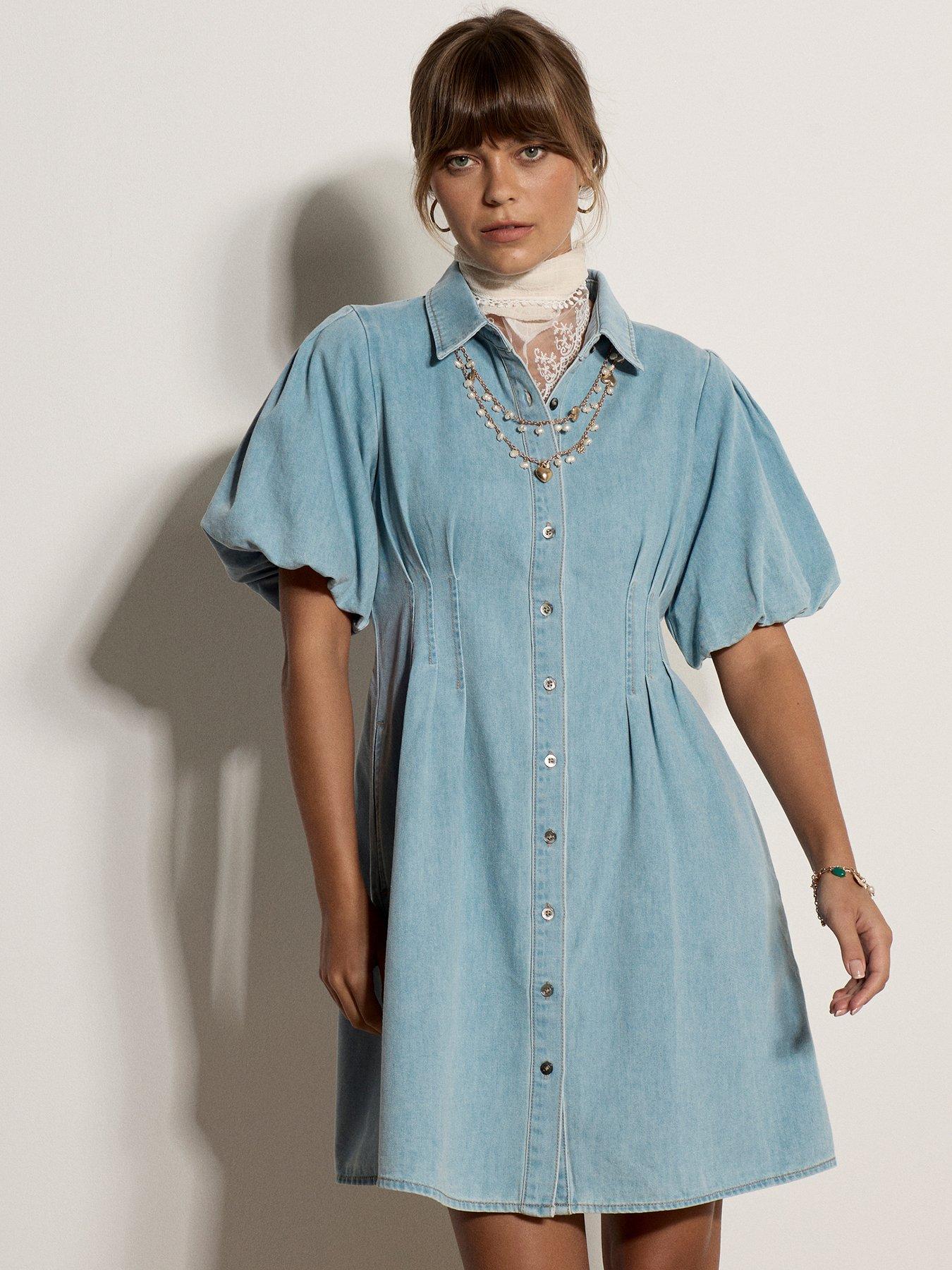 Apricot Denim Bubble Sleeve Mini Dress  - Blue