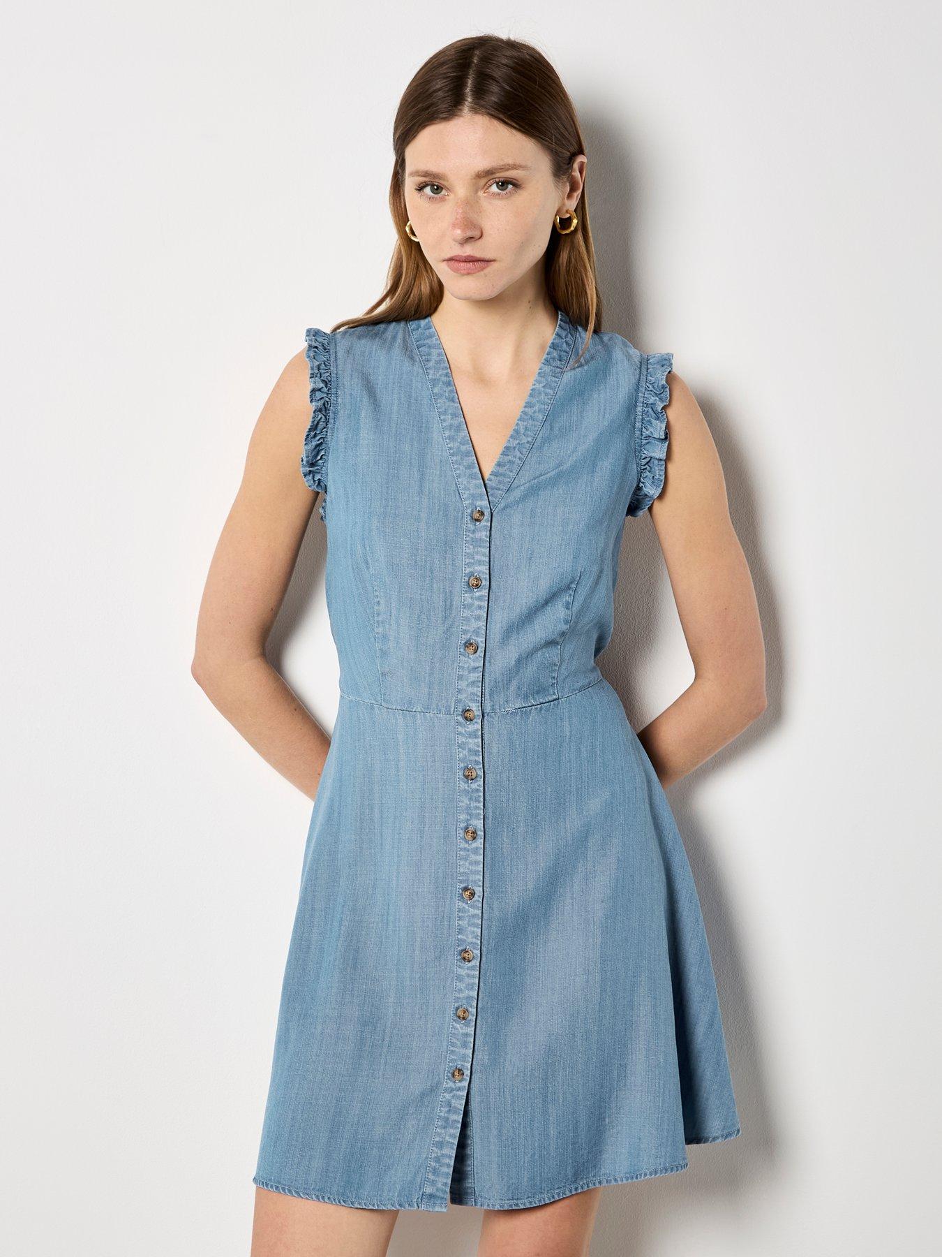 Image 1 of 5 of Apricot Ruffle Sleeve Button Down Dress
