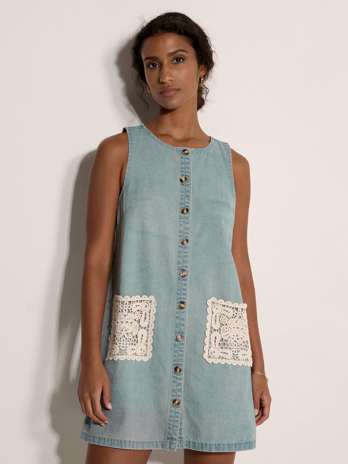 Image 1 of 4 of Apricot Button Through Denim Shift Dress With Crotchet Patch Pockets - Blue