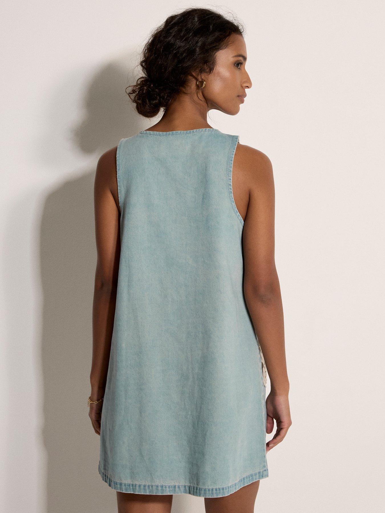 Image 2 of 4 of Apricot Button Through Denim Shift Dress With Crotchet Patch Pockets - Blue