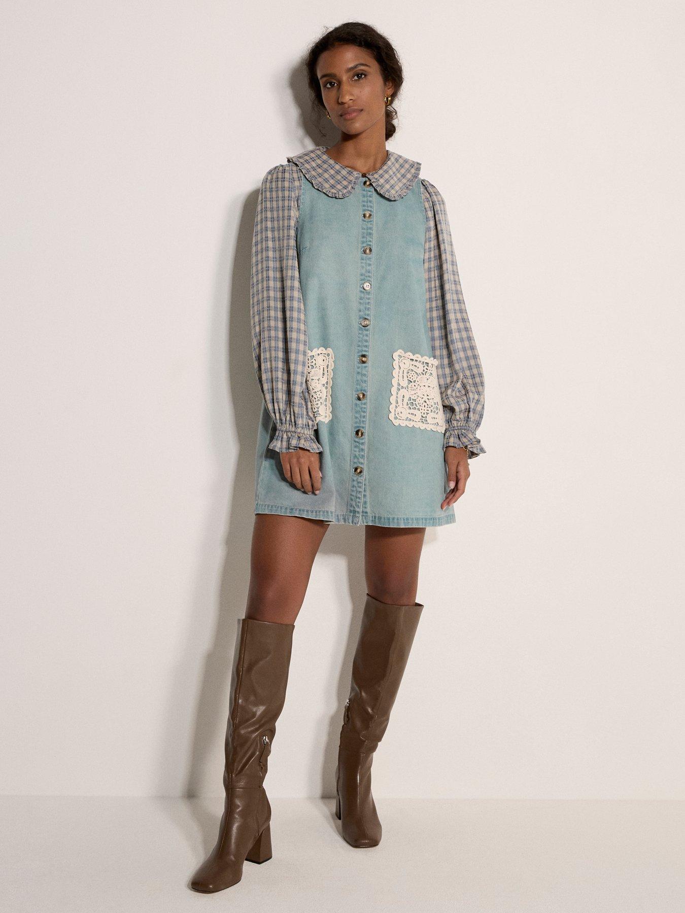 Image 3 of 4 of Apricot Button Through Denim Shift Dress With Crotchet Patch Pockets - Blue