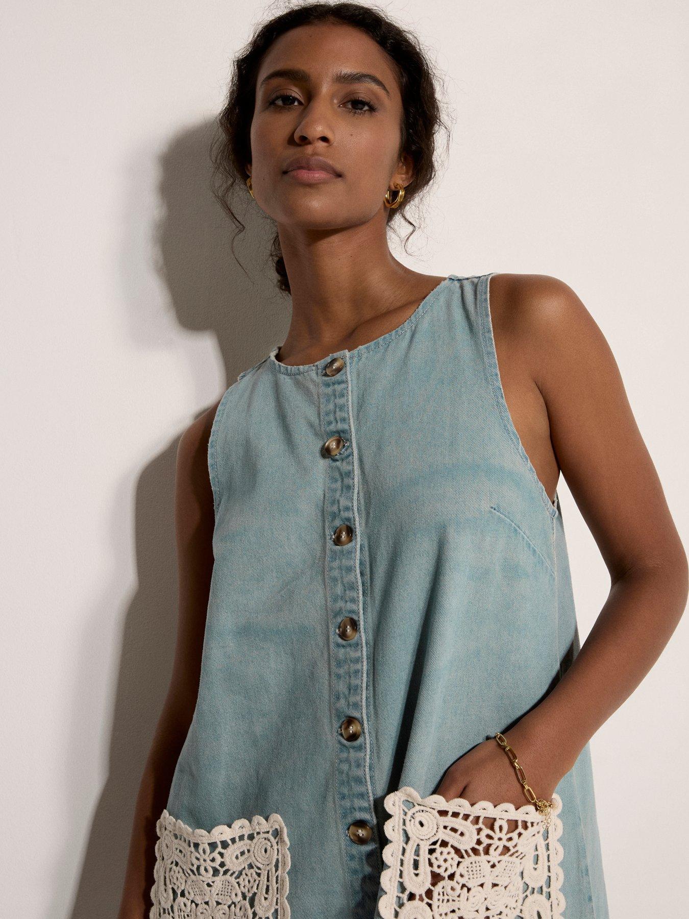 Image 4 of 4 of Apricot Button Through Denim Shift Dress With Crotchet Patch Pockets - Blue