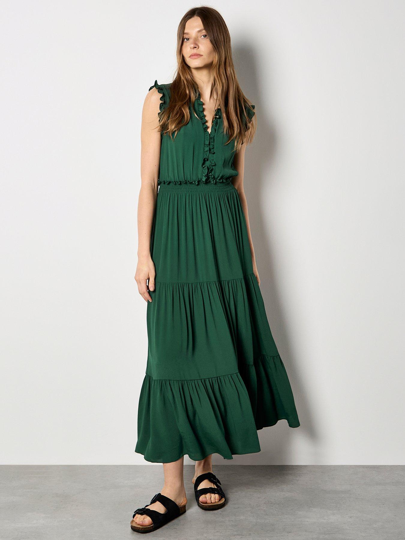 Apricot Vneck Ruffle Tiered Dress - Green
