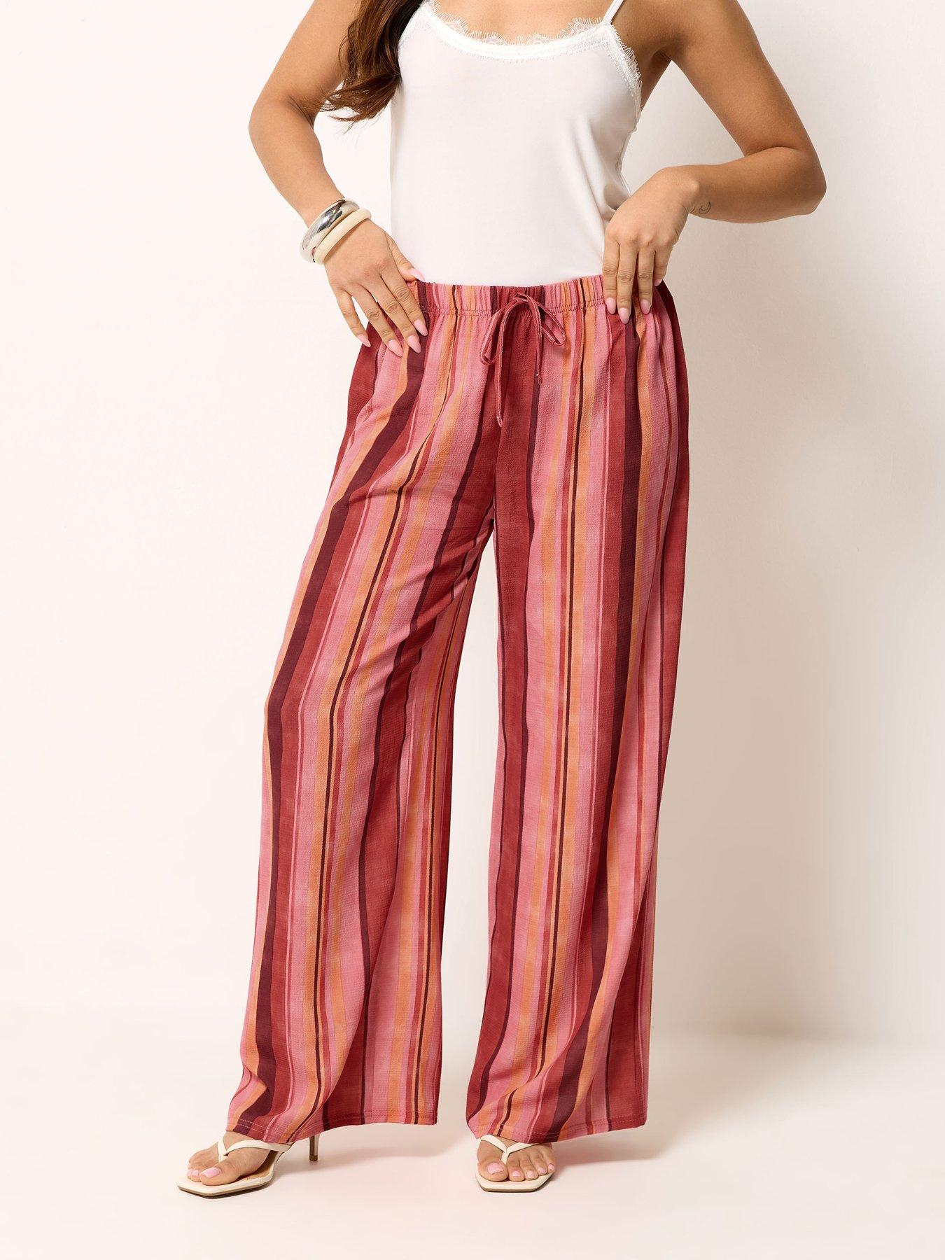 PixieGirl Petite Stripe Print Wide Leg Trousers - Red