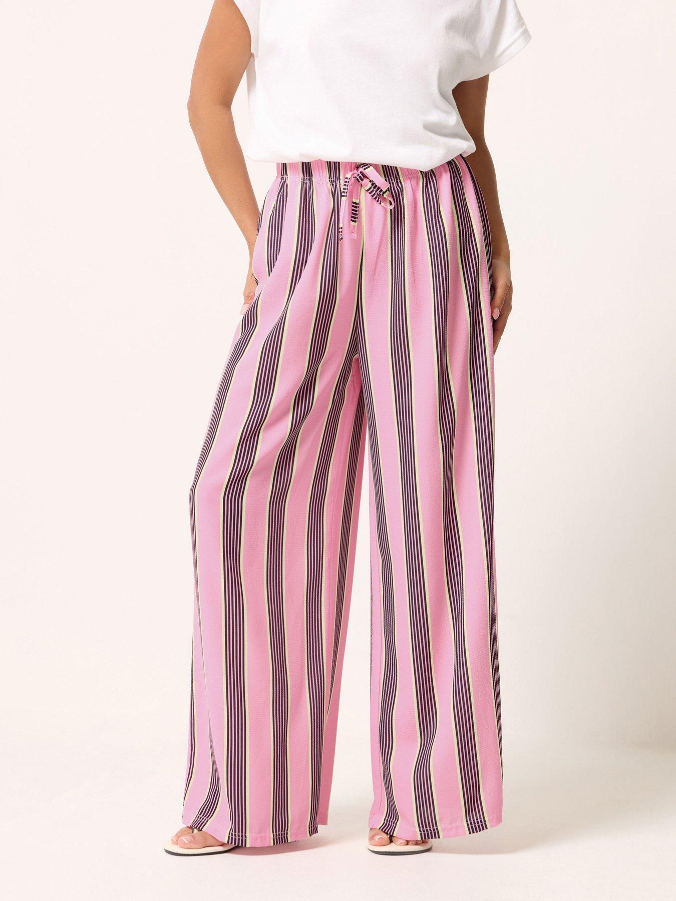 Image 1 of 5 of PixieGirl Petite Stripe Print Wide Leg Trousers - Pink