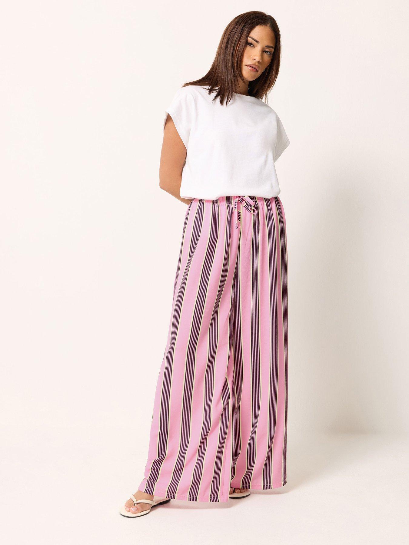 Image 3 of 5 of PixieGirl Petite Stripe Print Wide Leg Trousers - Pink