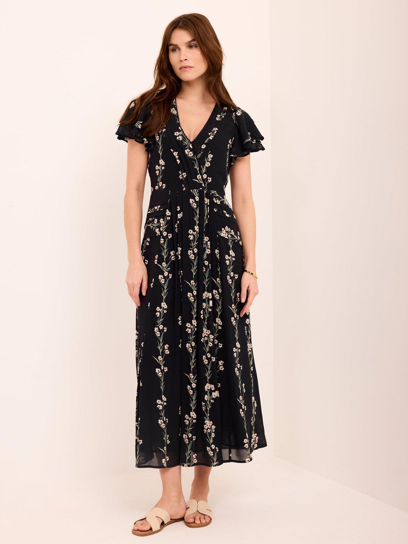Mint Velvet Floral Print Pleat Midi Dress - Blue