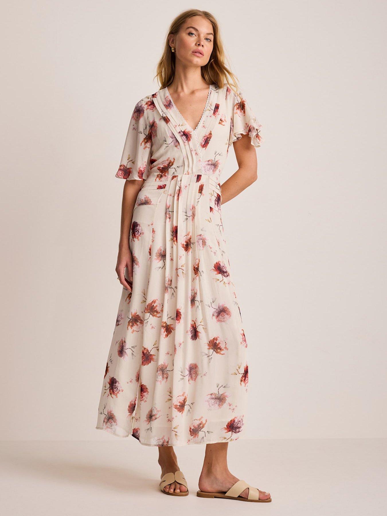 Mint Velvet Floral Print Pleat Midi Dress - Cream