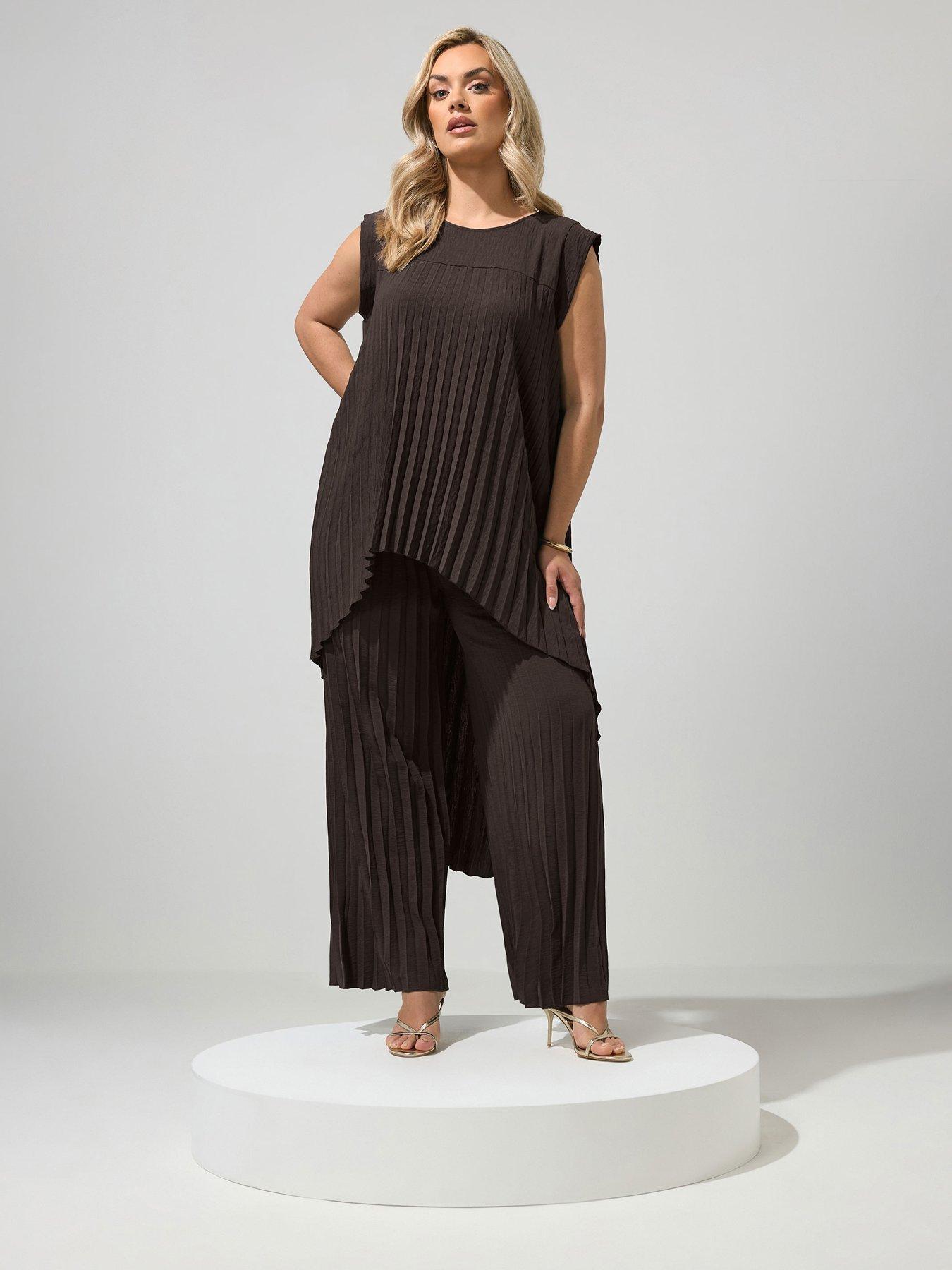 Yours Curve Pleat Detail Top and Trousers Set - Brown