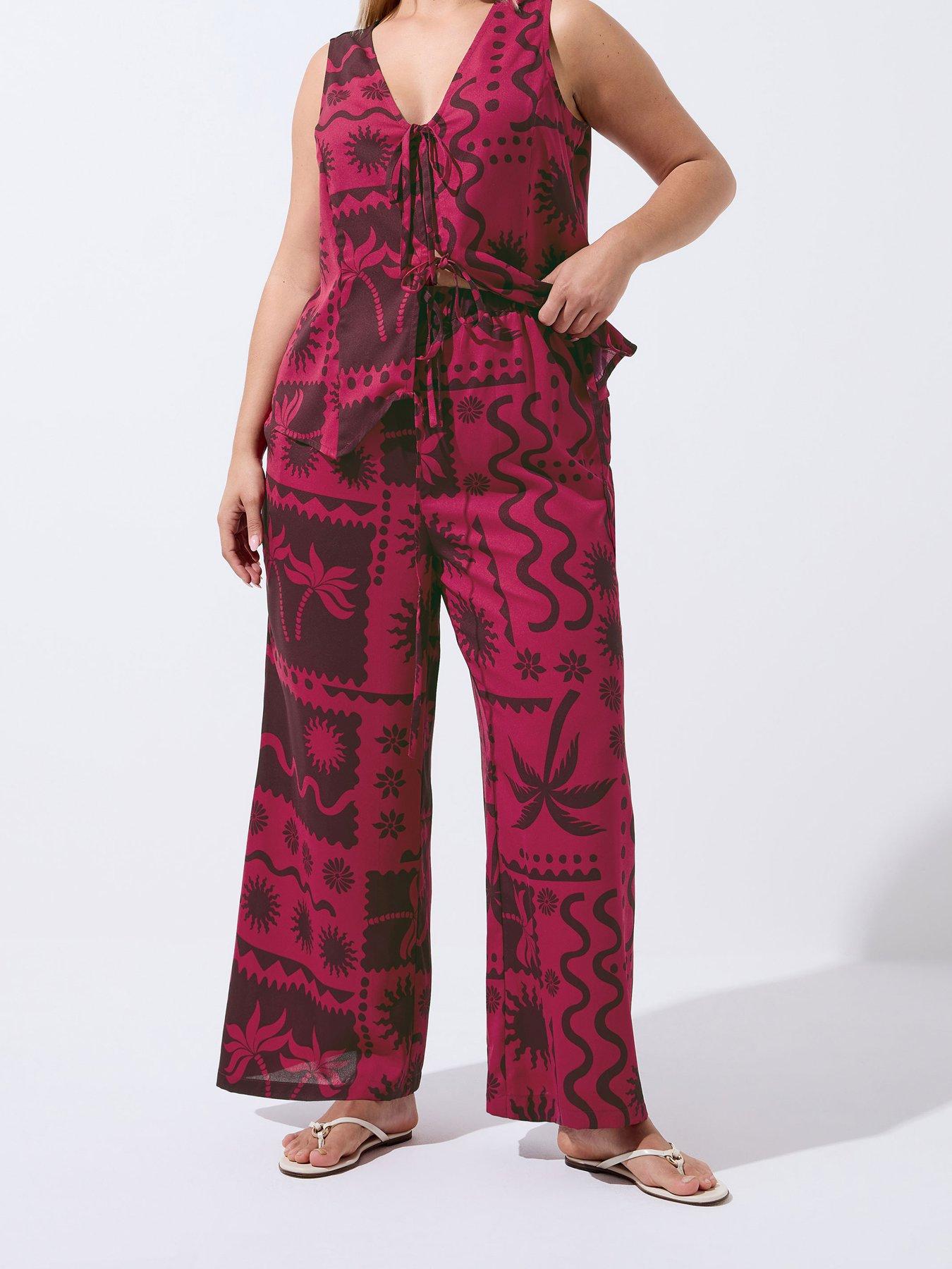 Yours Curve Summer Print Wide Leg Co-Ord Trousers - Red